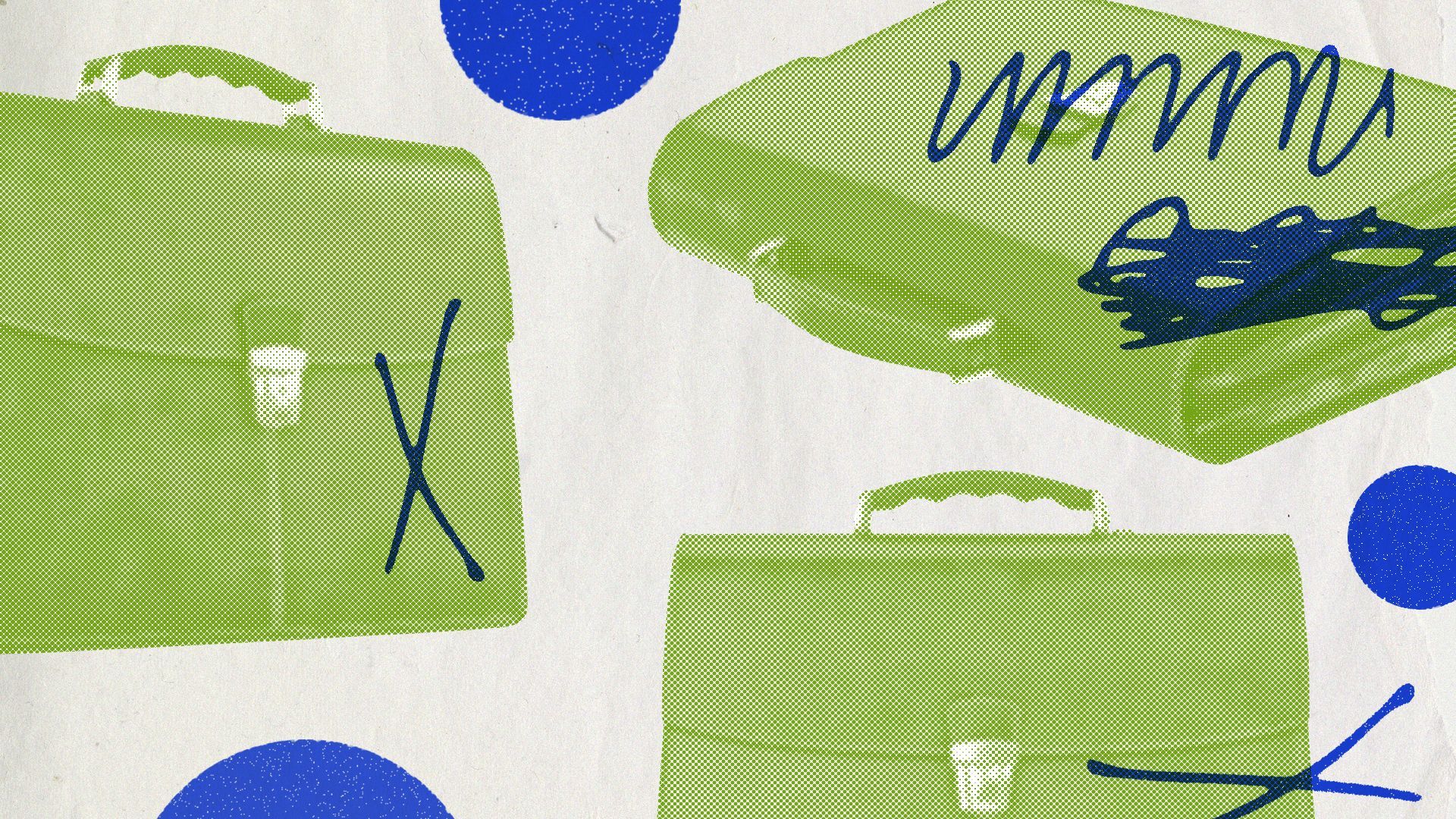 Illustration of briefcases surrounded by abstract shapes.