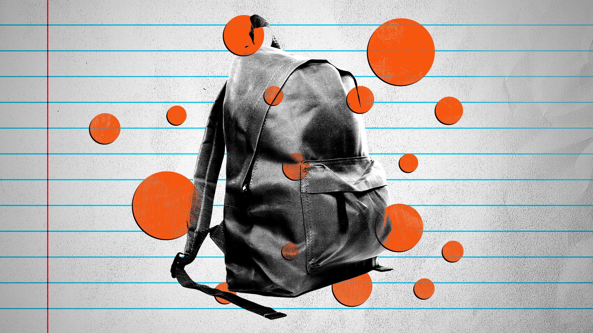 Illustration of a backpack on a background of college ruled paper, surrounded by dots.