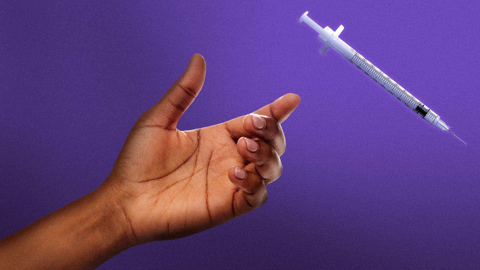 Illustration of a hand reaching for a syringe.
