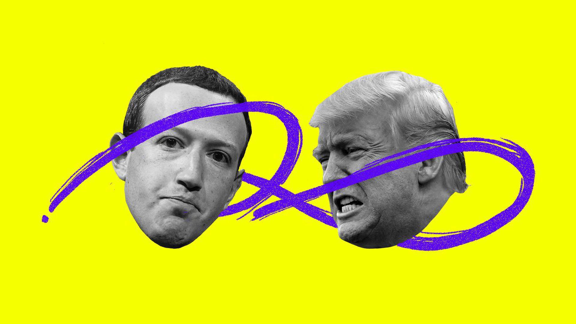 An illustration of Mark Zuckerberg and Donald Trump with Xs and Os a la a football playbook