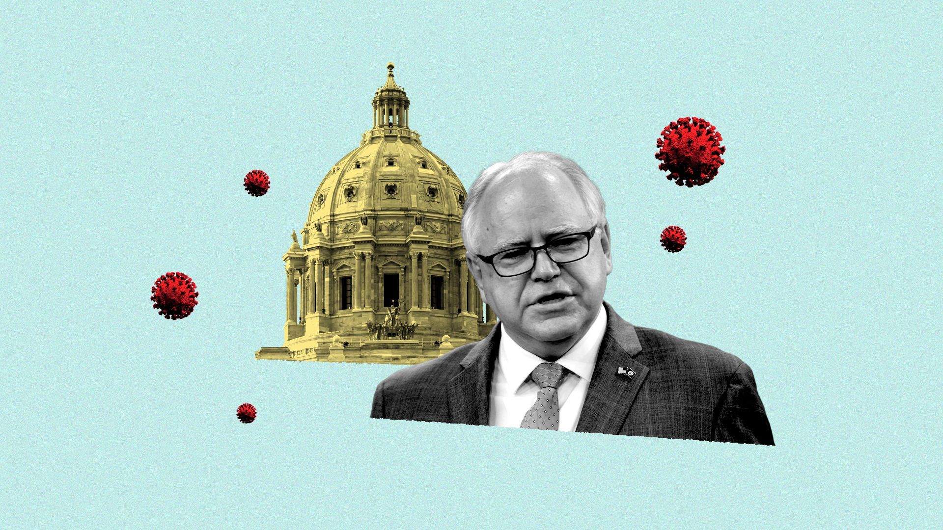 Photo illustration of Minnesota Governor Tim Walz, in a collage with the Minnesota State House and floating coronavirus molecules.