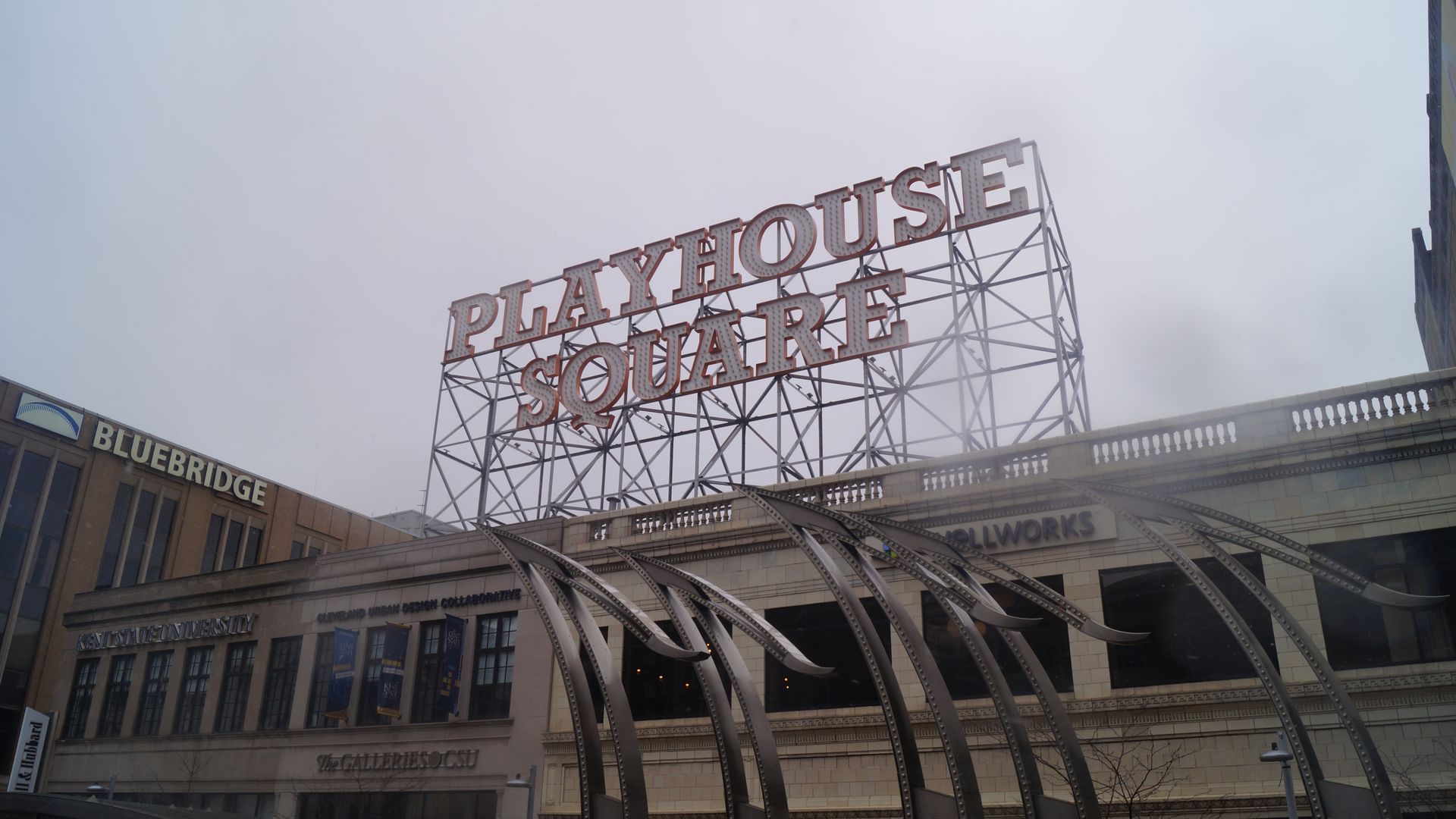 Playhouse Square signage on a cloudy day