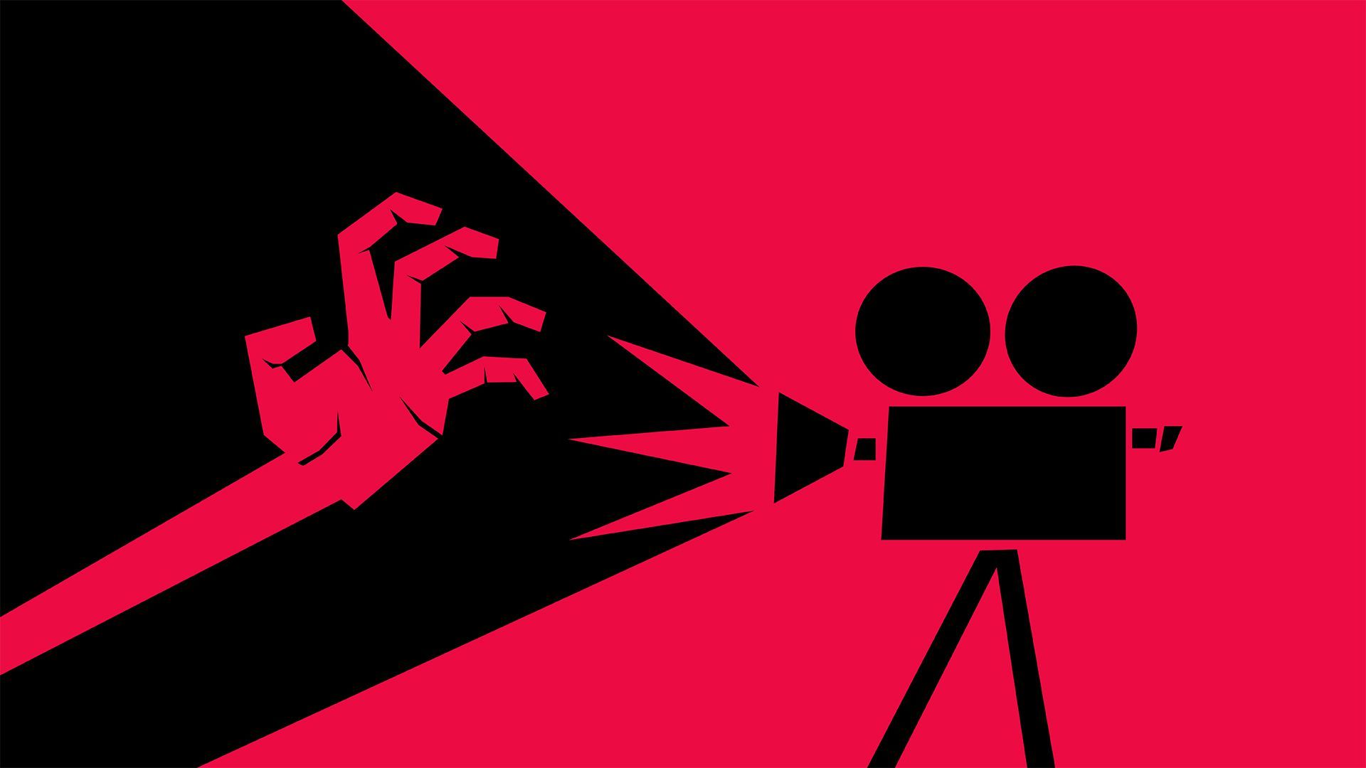 Illustration of a sinister hand approaching a movie camera in the style of vintage movie posters. 