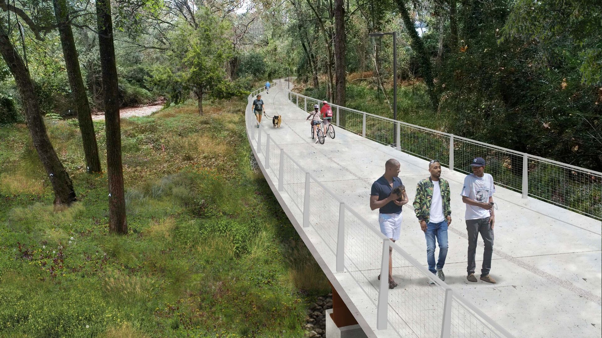 A rendering of peopel walking and biking on an elevated bike and pedestrian trail running through the woods near a floodplain 