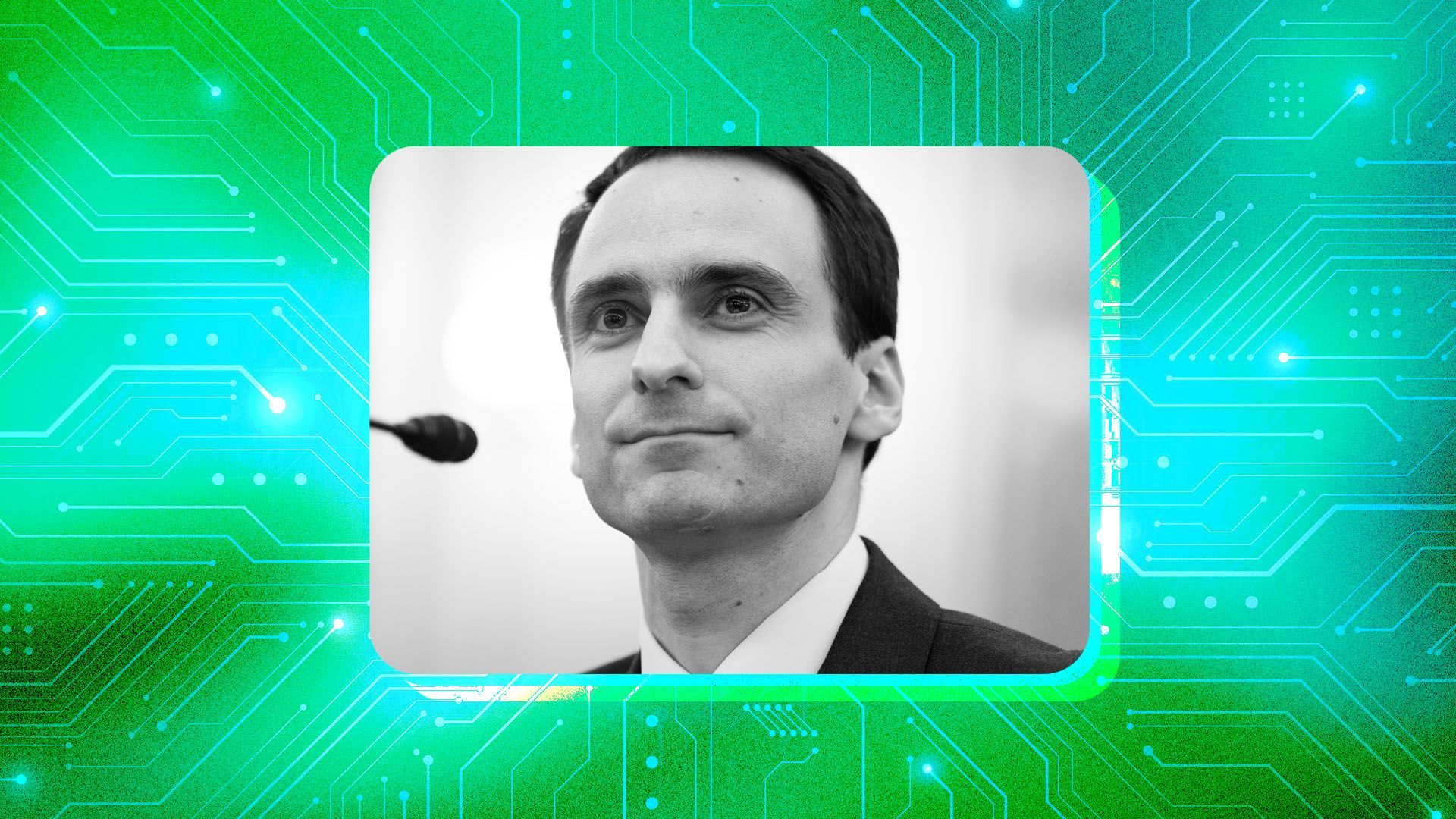 Photo illustration of Michael Kratsios, director of the White House Office of Science and Technology Policy, set against a bright green digital background