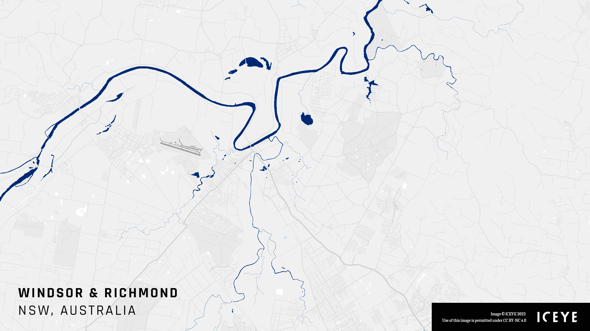 Before and after imagery of flooding in the Windsor and Richmond areas of New South Wales.