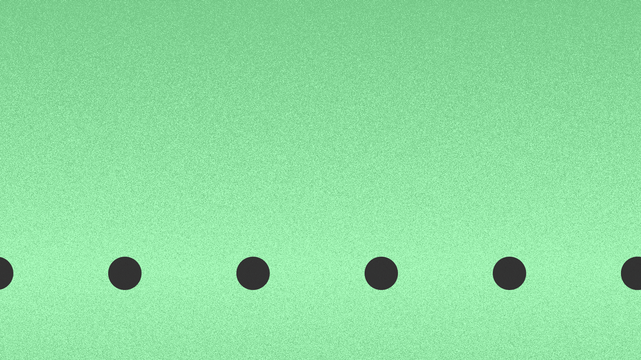Illustration of seven periods moving from right to left in a row, and two of them turning into exclamation points. 