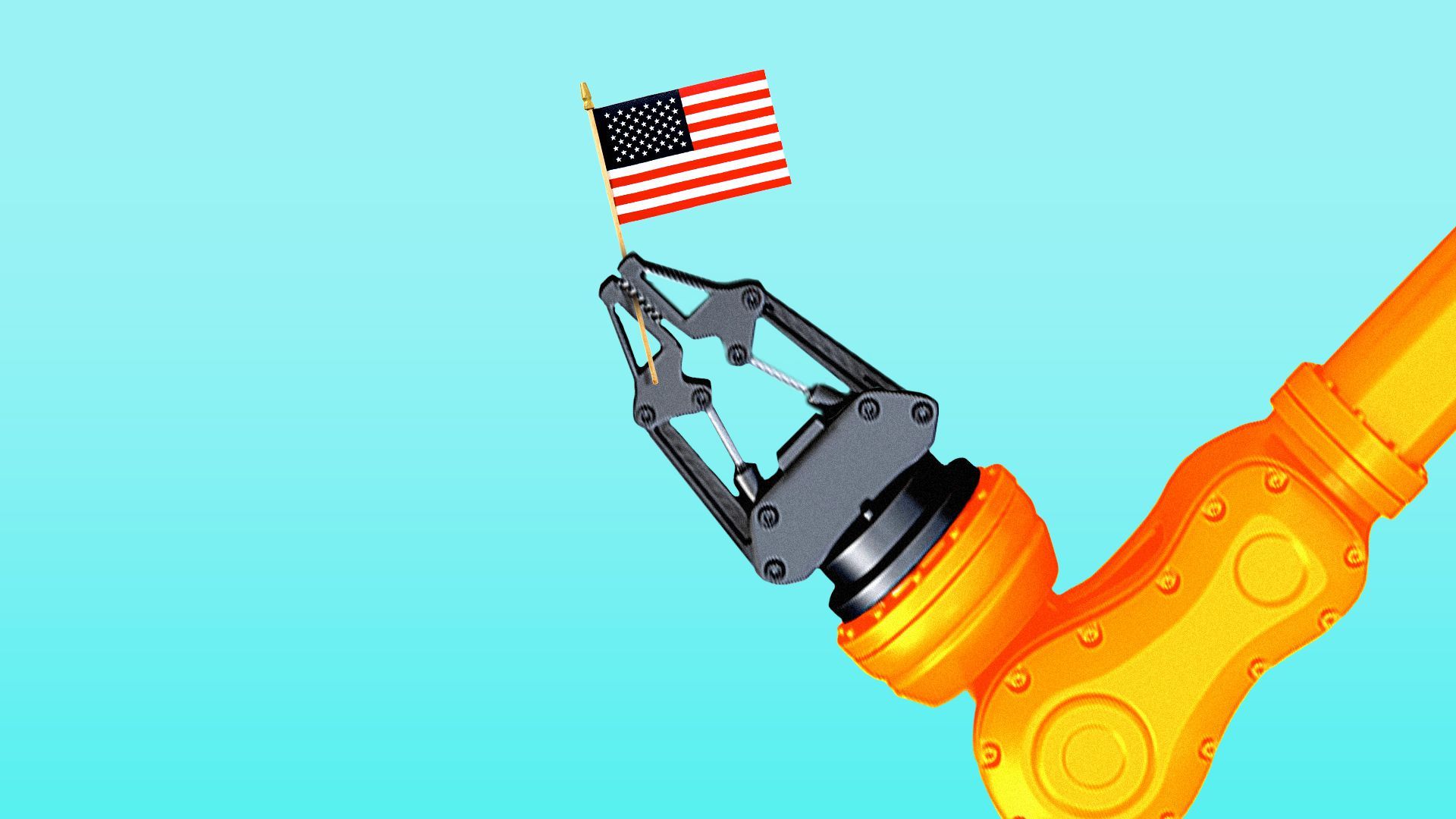 Illustration of a robotic arm holding an American flag. 