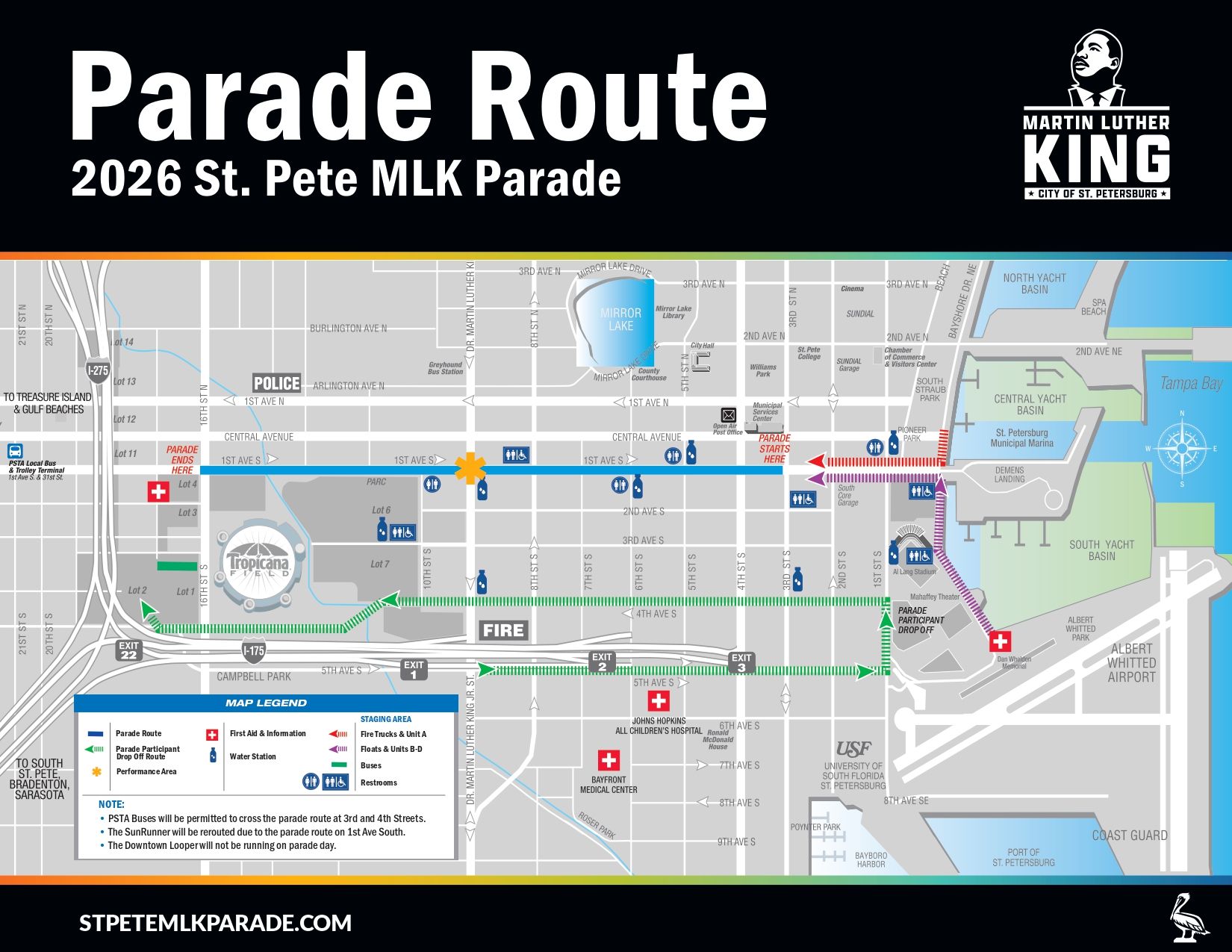Map showing 2026 St. Pete MLK Parade route in blue from South Core Garage to 1st Ave S & 16th St. Key landmarks include Tropicana Field, Mirror Lake, and USF St. Petersburg.