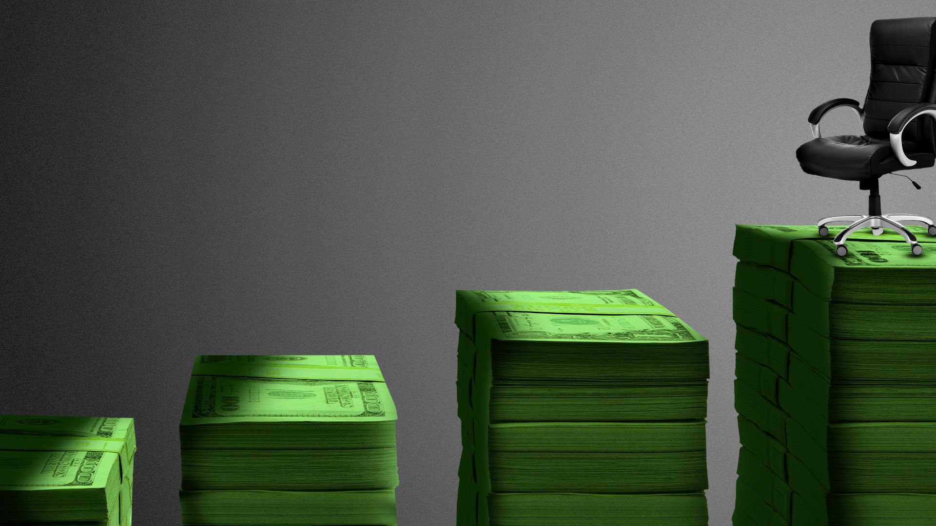 Illustration of stacks of money getting increasingly higher with an office chair placed on the highest stack on the far right. 
