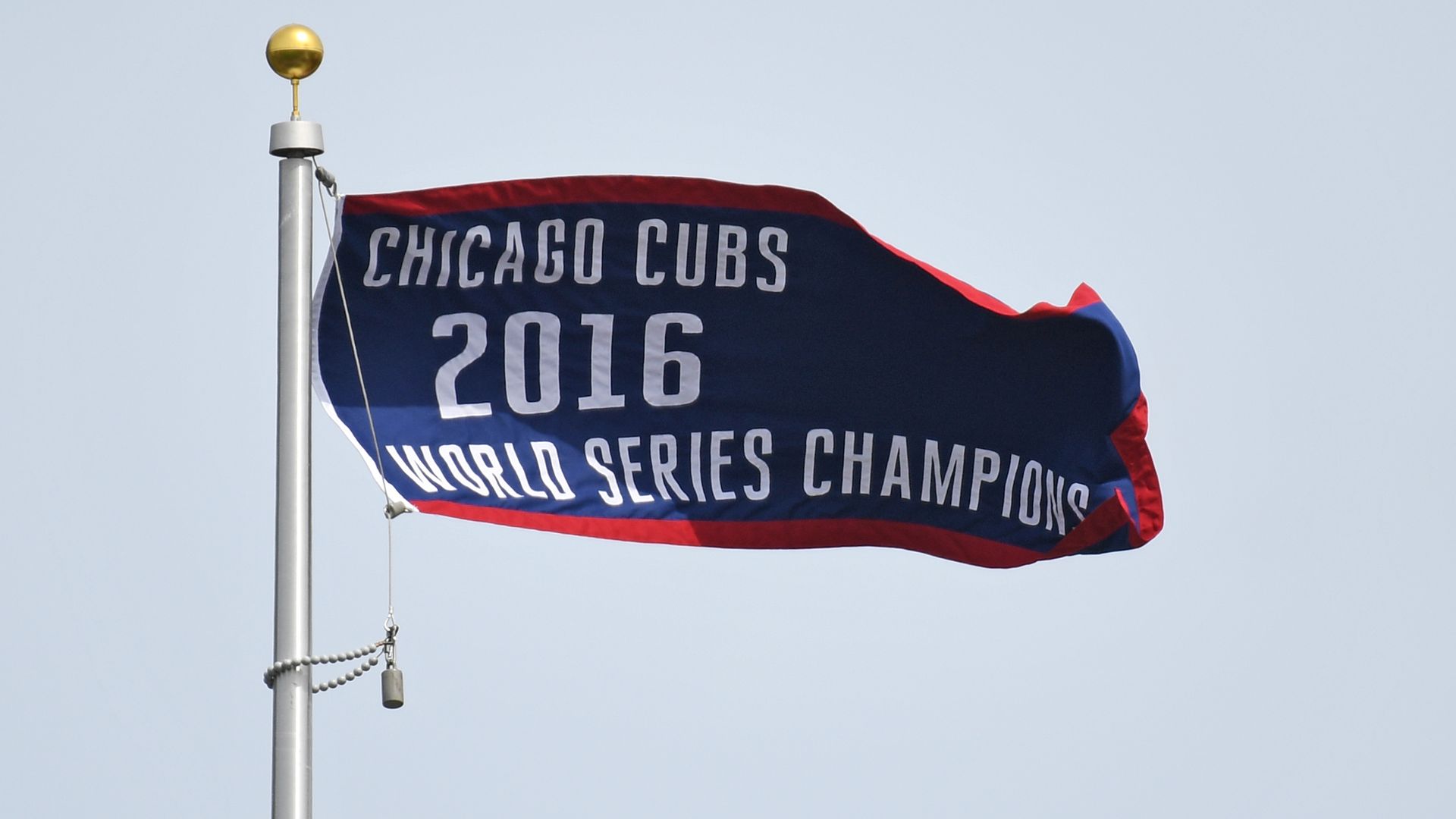 A photo of the Chicago Cubs 2016 World Series Champions flag 
