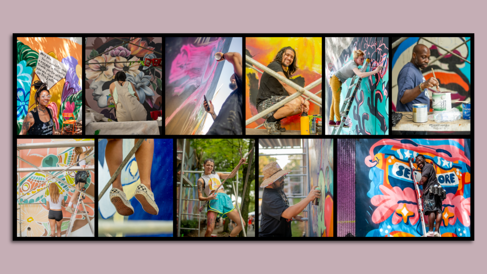 A collage of photos of artists on scaffolding smiling and painting a variety of murals 