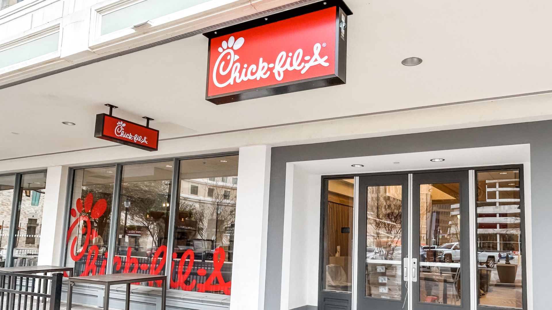 Sidewalk view of the new Chick-fil-A location on Houston. 