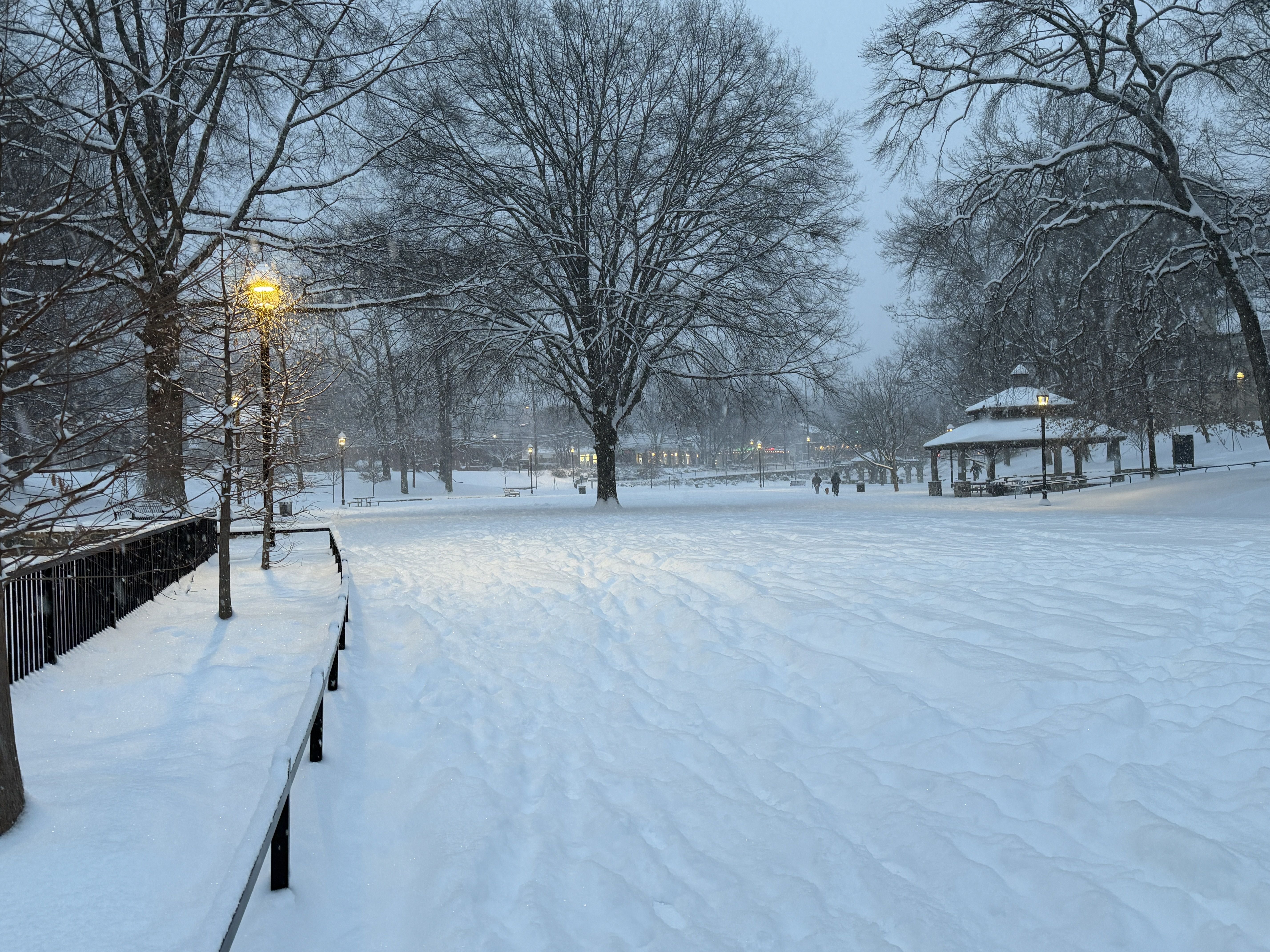 Snow-covered park with bare trees and lampposts glowing warmly in the evening. A small gazebo is visible amid the snowy landscape under a cloudy blue-gray sky.