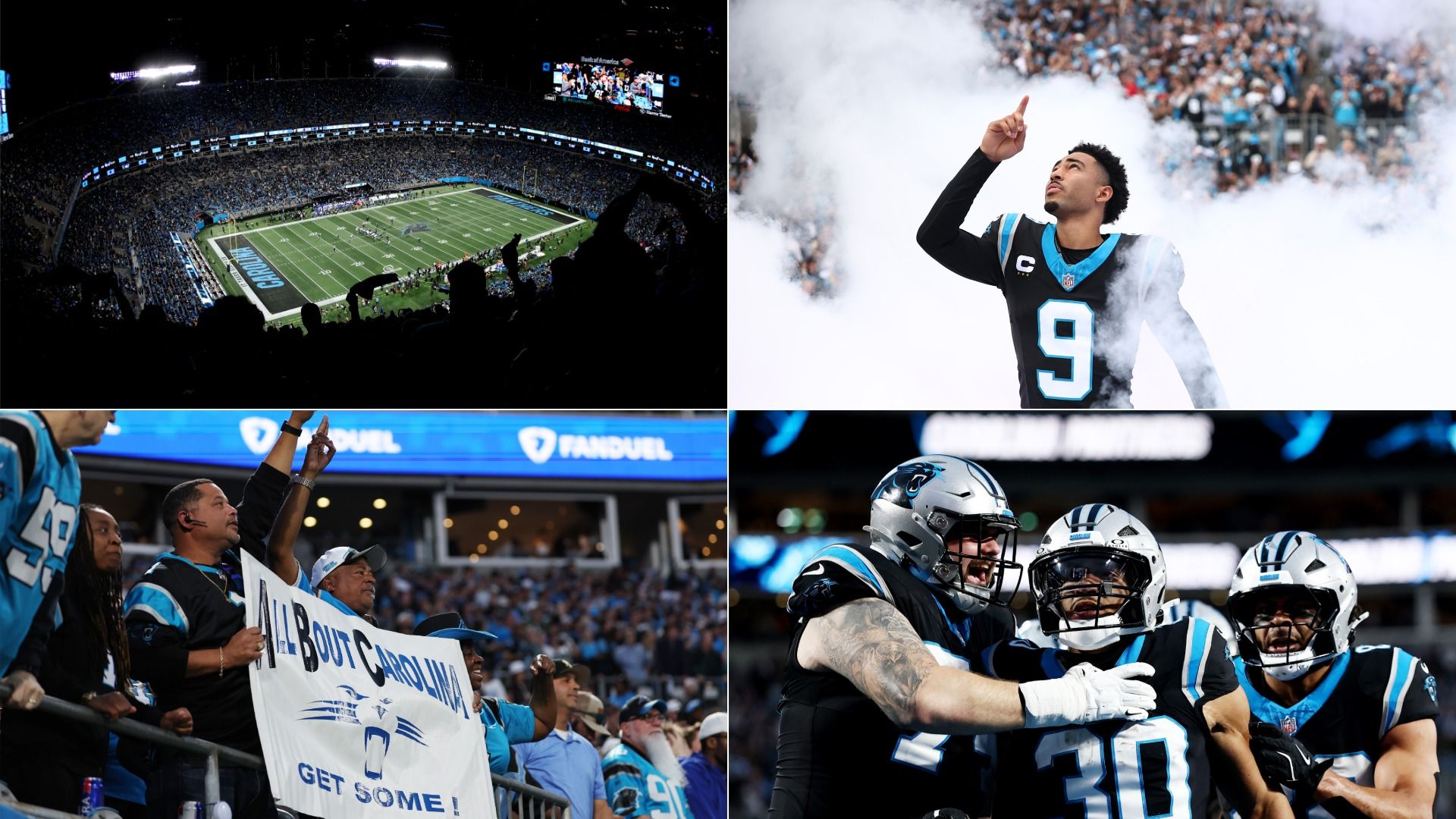 Four-panel collage of Carolina Panthers football scenes: packed stadium at night, player #9 emerging from smoke pointing up, fans holding "All About Carolina Get Some" sign, players celebrating on field.