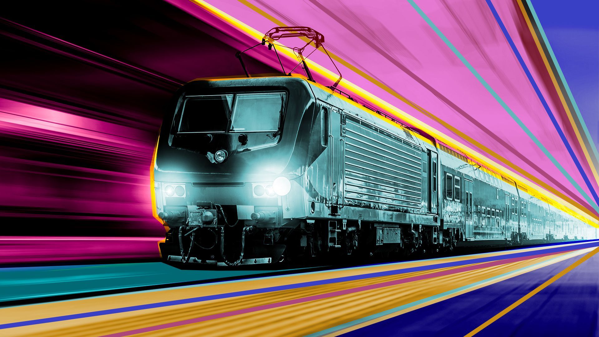 Illustration of a multi-colored train moving fast towards the viewer.