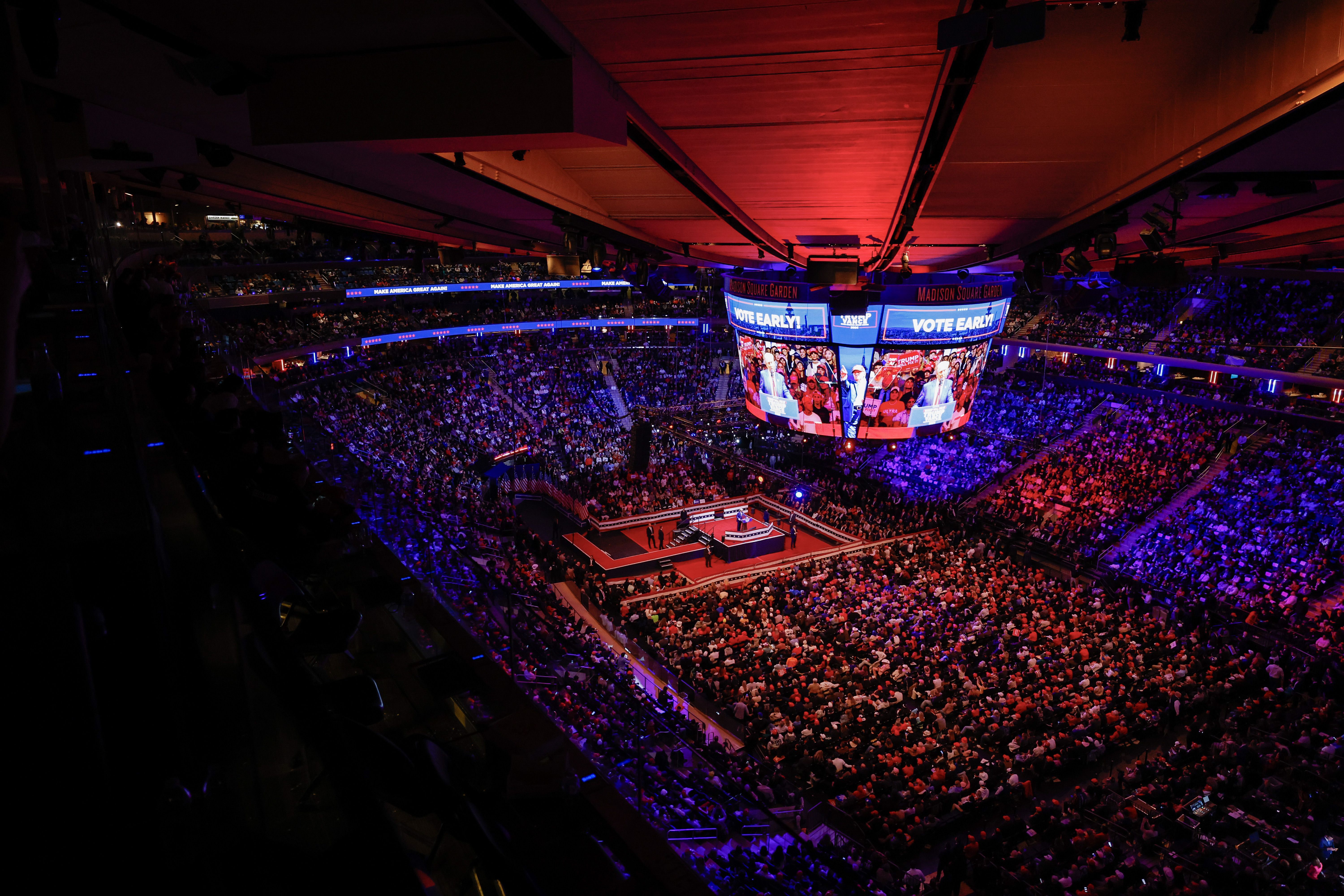 Donald Trump speaks at his campaign rally at Madison Square Garden yesterday.