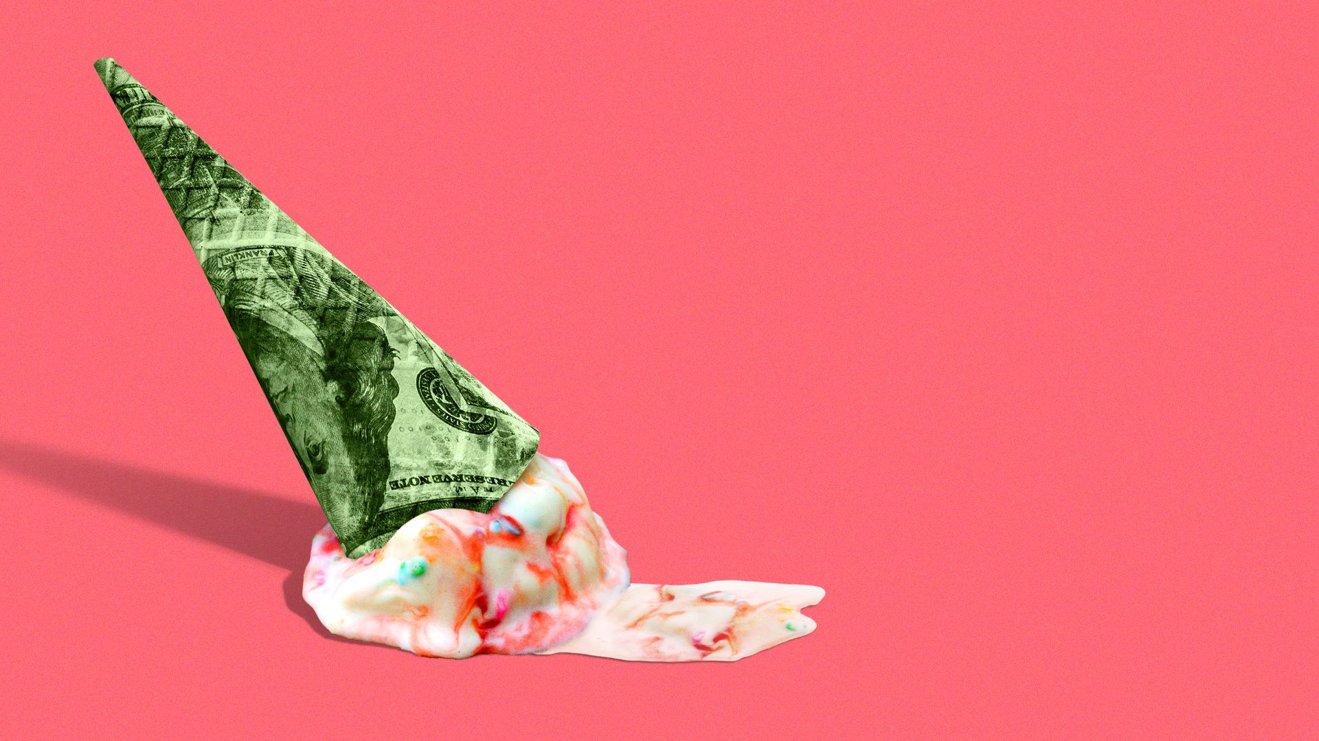 Illustration of a melting ice cream cone, but the cone is a dollar bill.