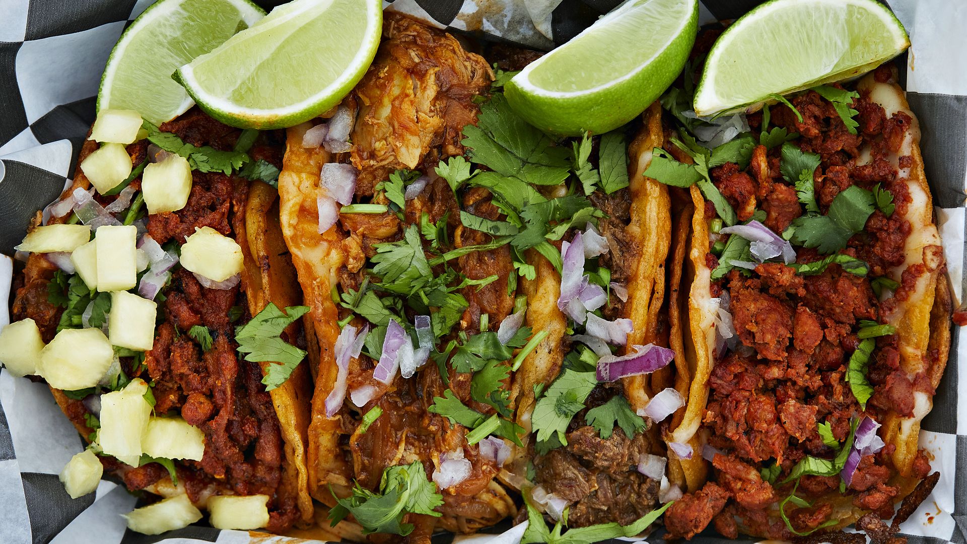La Tingeria tacos, left to right: al pastor, chicken tinga, goat and chorizo. Photo: Deb Lindsey for The Washington Post via Getty Images.
