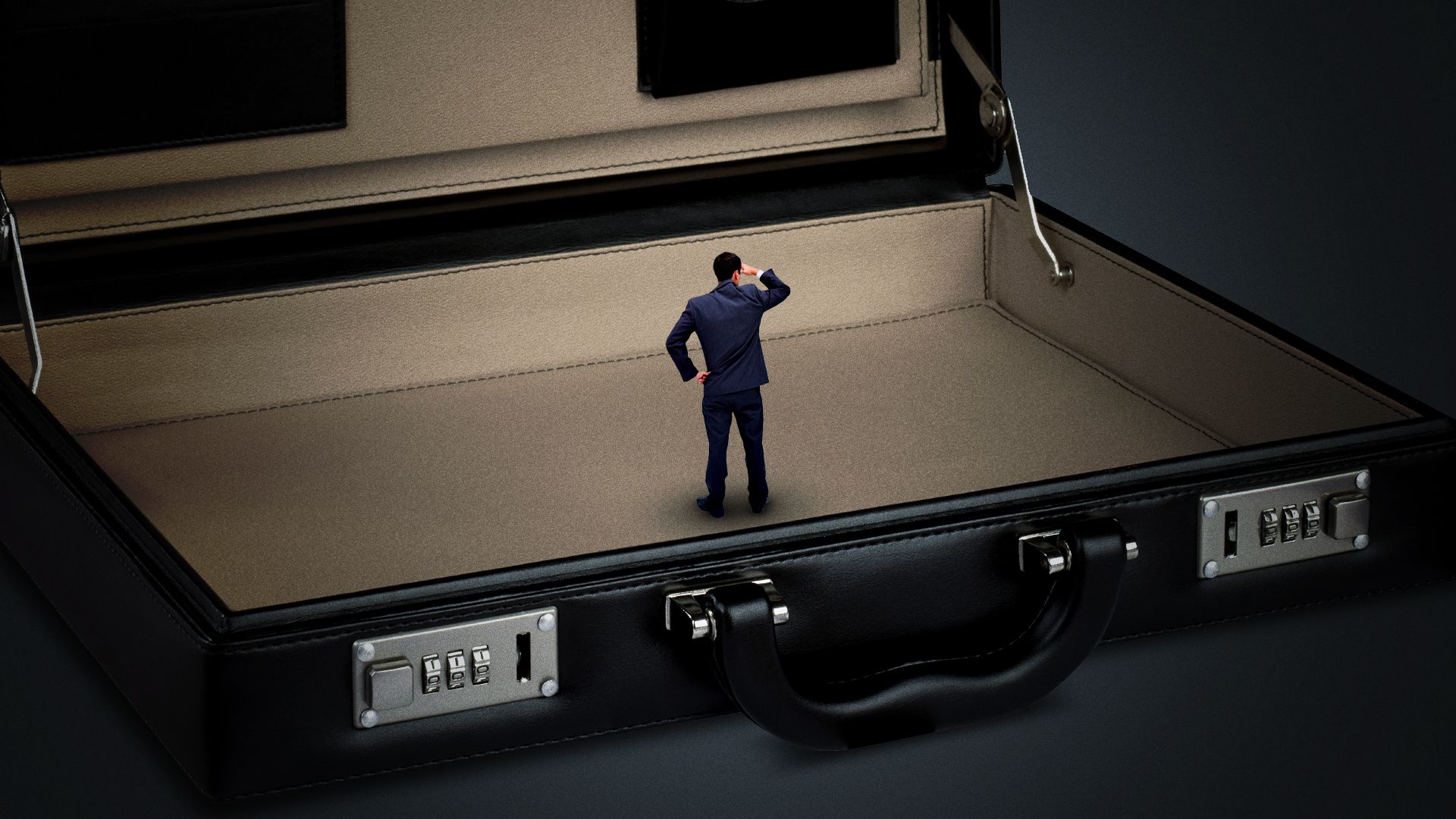 Illustration of an isolated man in an empty briefcase, looking away. 