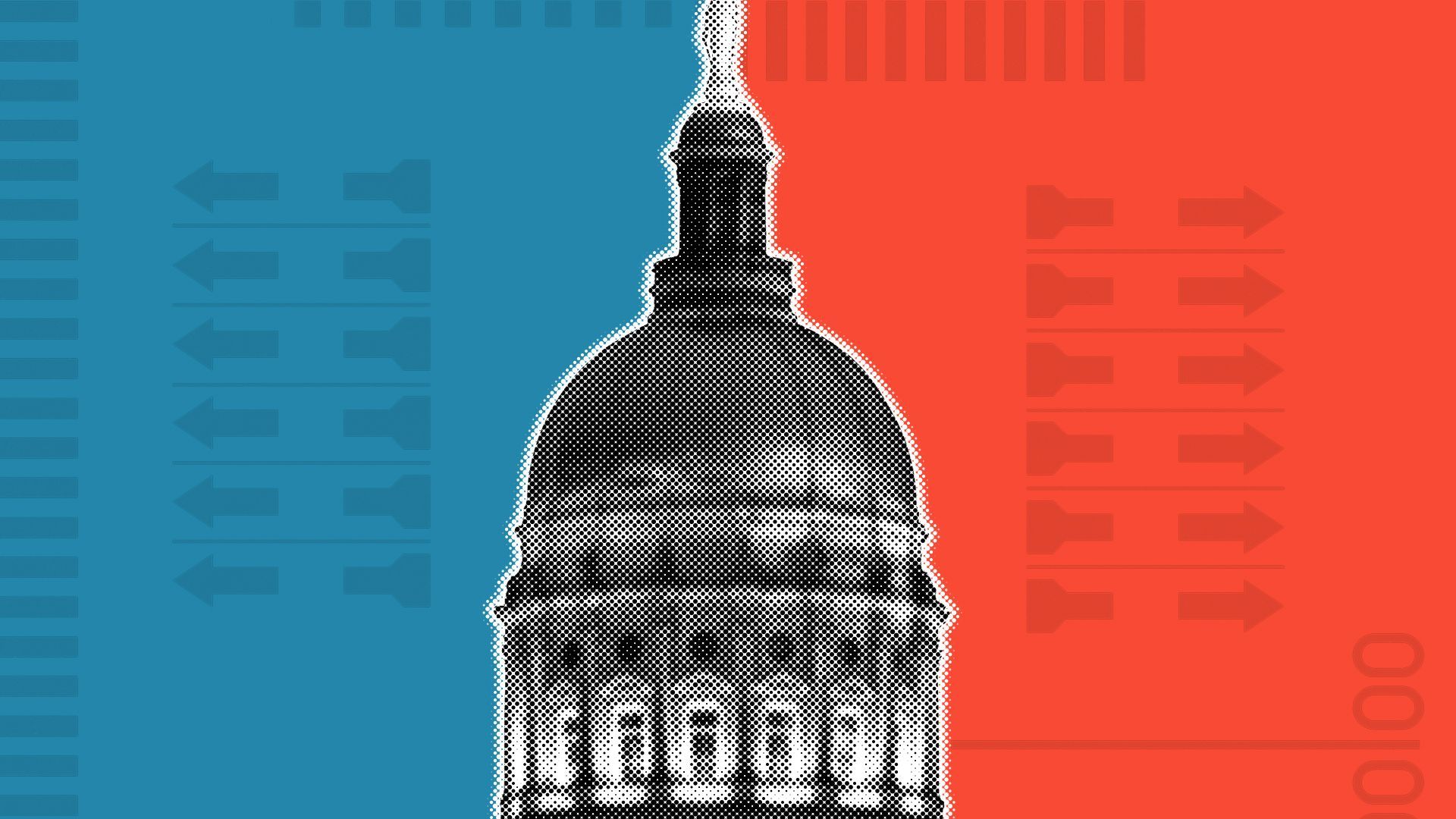 Illustration of the Georgia State Capitol dome dividing a red and blue background with elements of ballots.