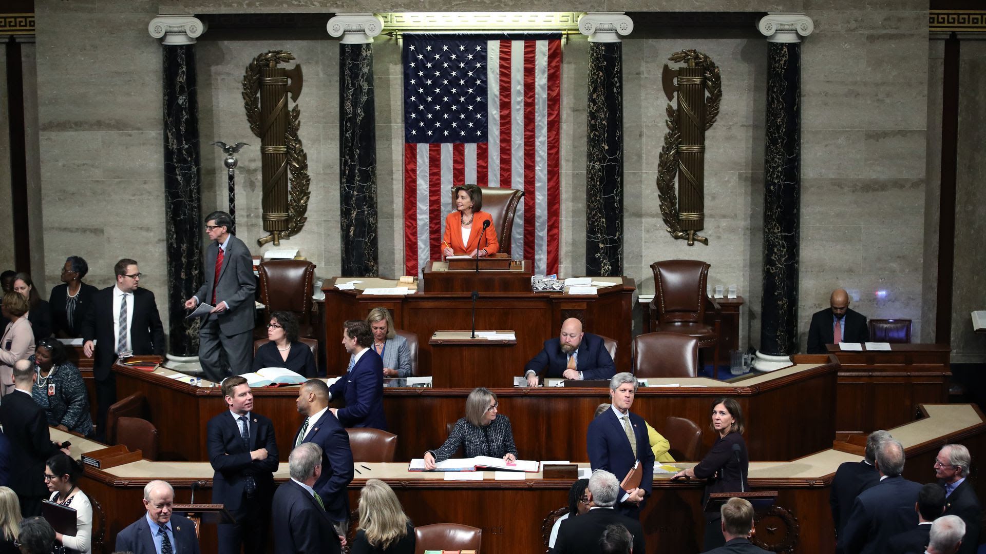 House Speaker Nancy Pelosi presides over the impeachment vote today. Photo: Win McNamee/Getty Images