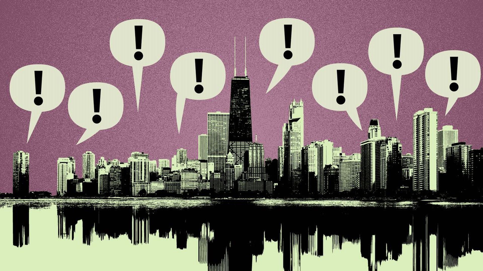 Illustration of the Chicago skyline with word balloons filled with exclamation points popping up over it.