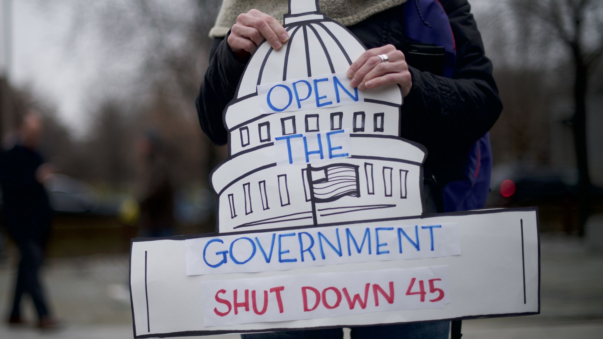 demonstrator holds a sign shaped as the U.S. Capitol building stating 'OPEN THE GOVERNMENT SHUT DOWN 45'