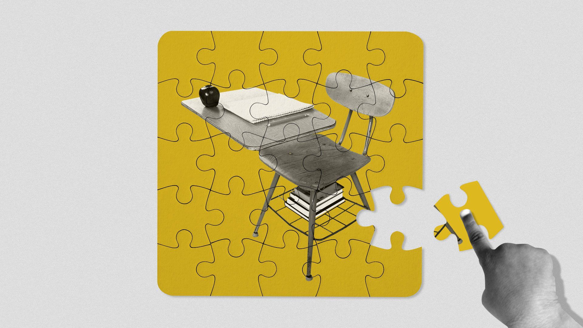 Illustration of child’s hand putting puzzle together of a school desk.