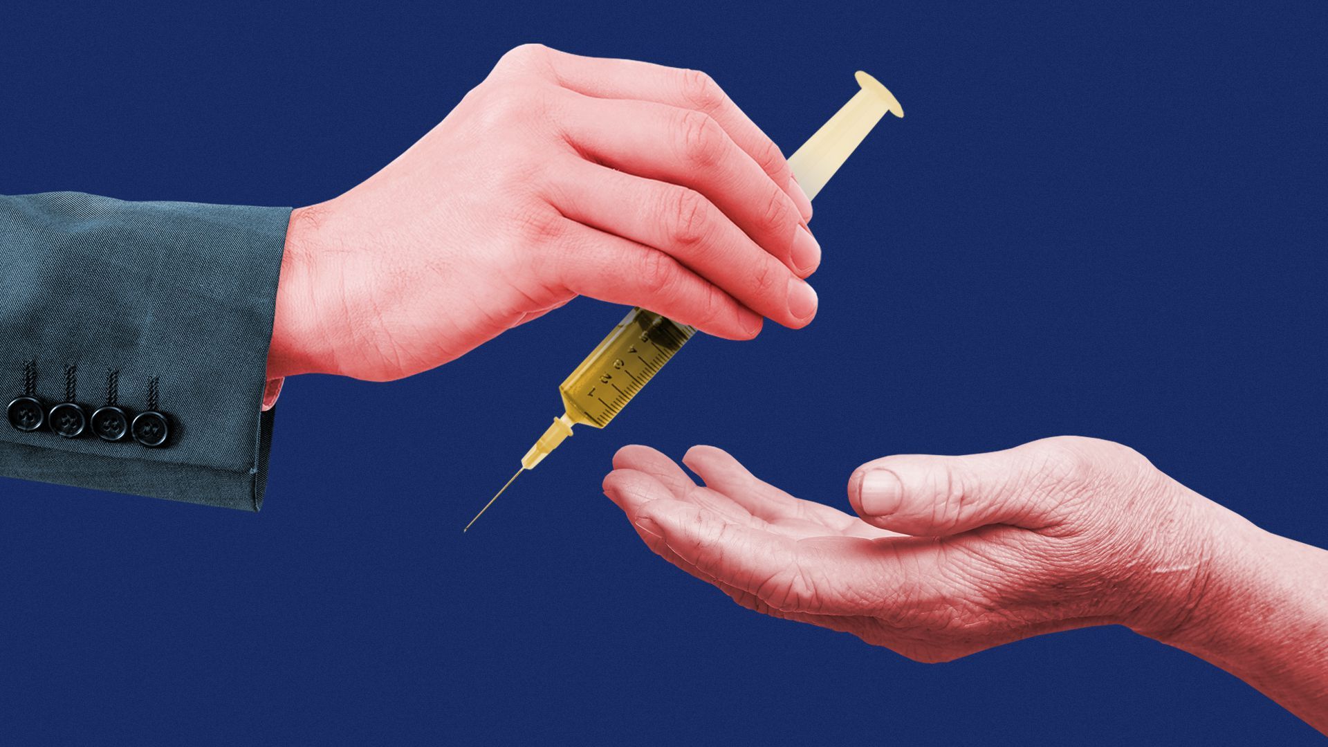 Illustration of a person handing a vaccine syringe to an older person