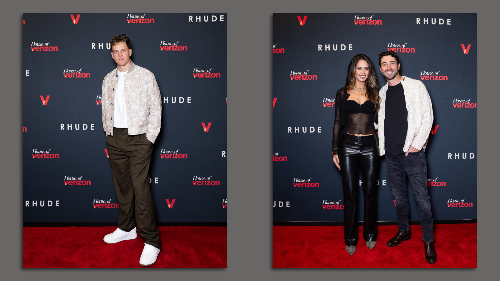 Three people pose for photos on a red carpet.
