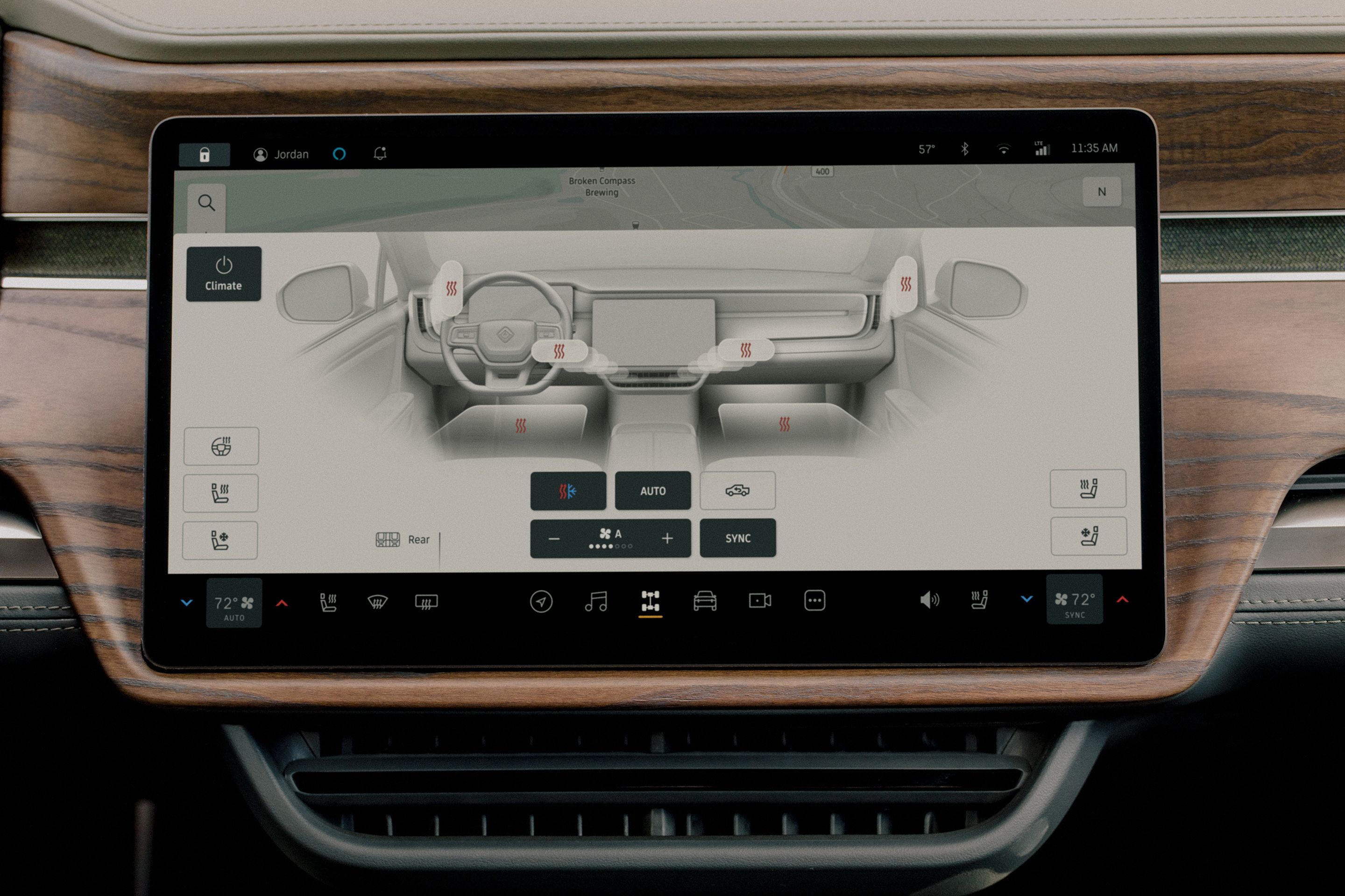 The touchscreen on a Rivian R1T pickup shows how you can adjust the airflow from the vents by dragging your finger across the virtual dashboard.