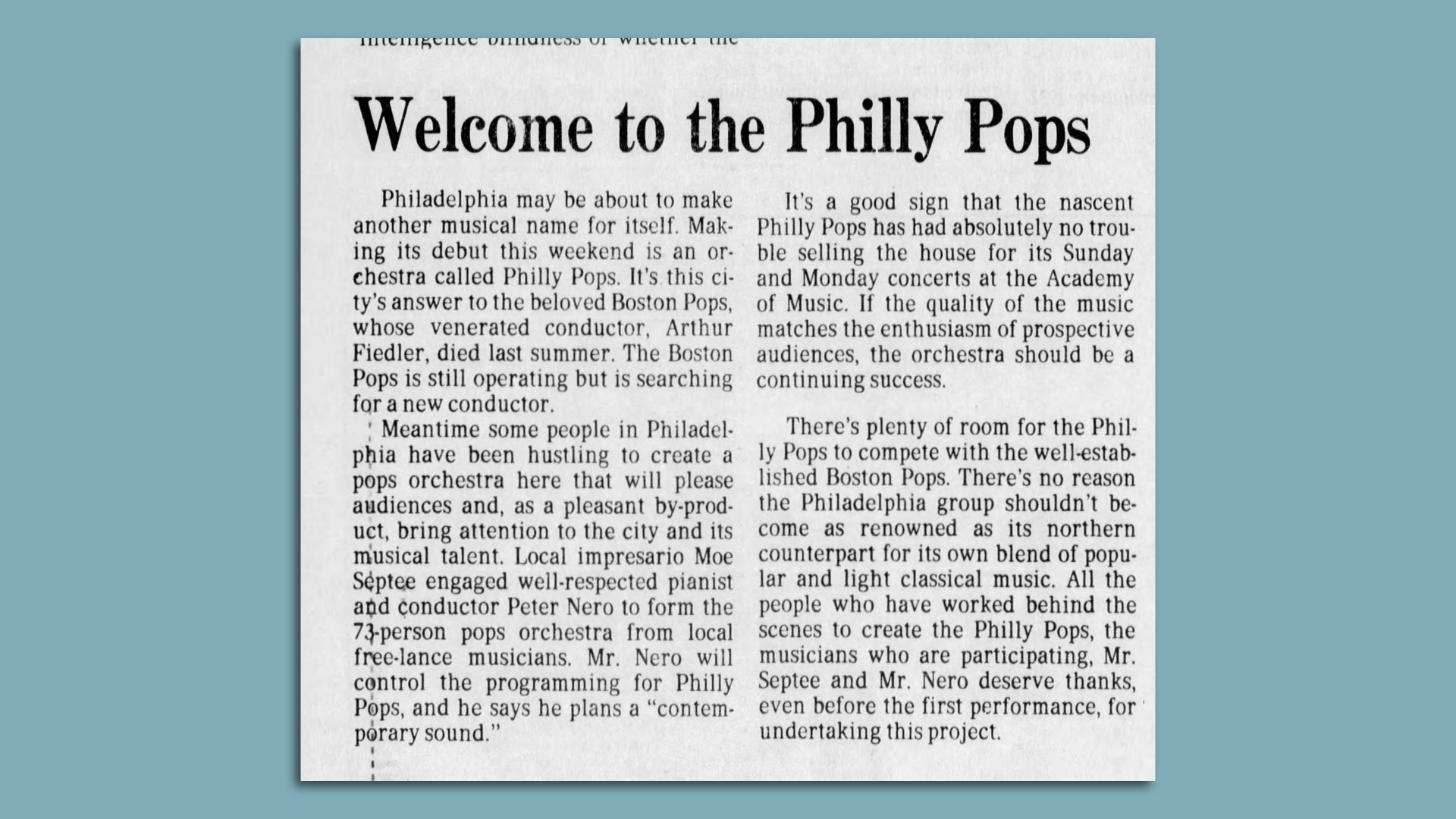 A newspaper clipping from the Philadelphia Inquirer about the Pops' debut in 1979.
