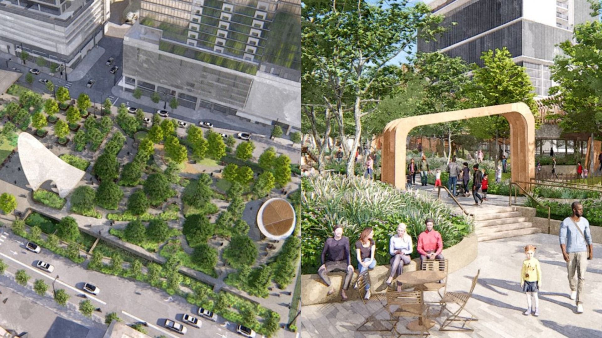 Roy Blunt Luminary Park. A split image shows a green urban park with trees and pathways next to city buildings. People gather, walk, and sit around wooden archways and outdoor seating under trees.