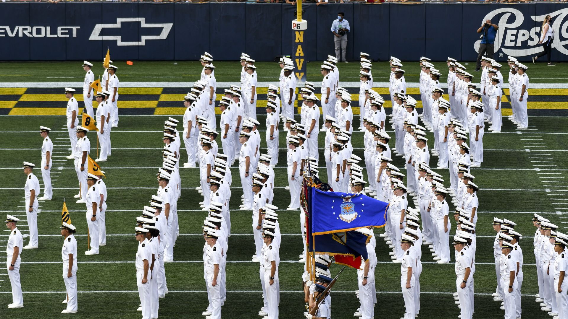 The Navy Color Guard presents the flags as the Corps of the Cadets takes the field prior to the Air Force game versus the Navy on September 11, 2021 at Navy