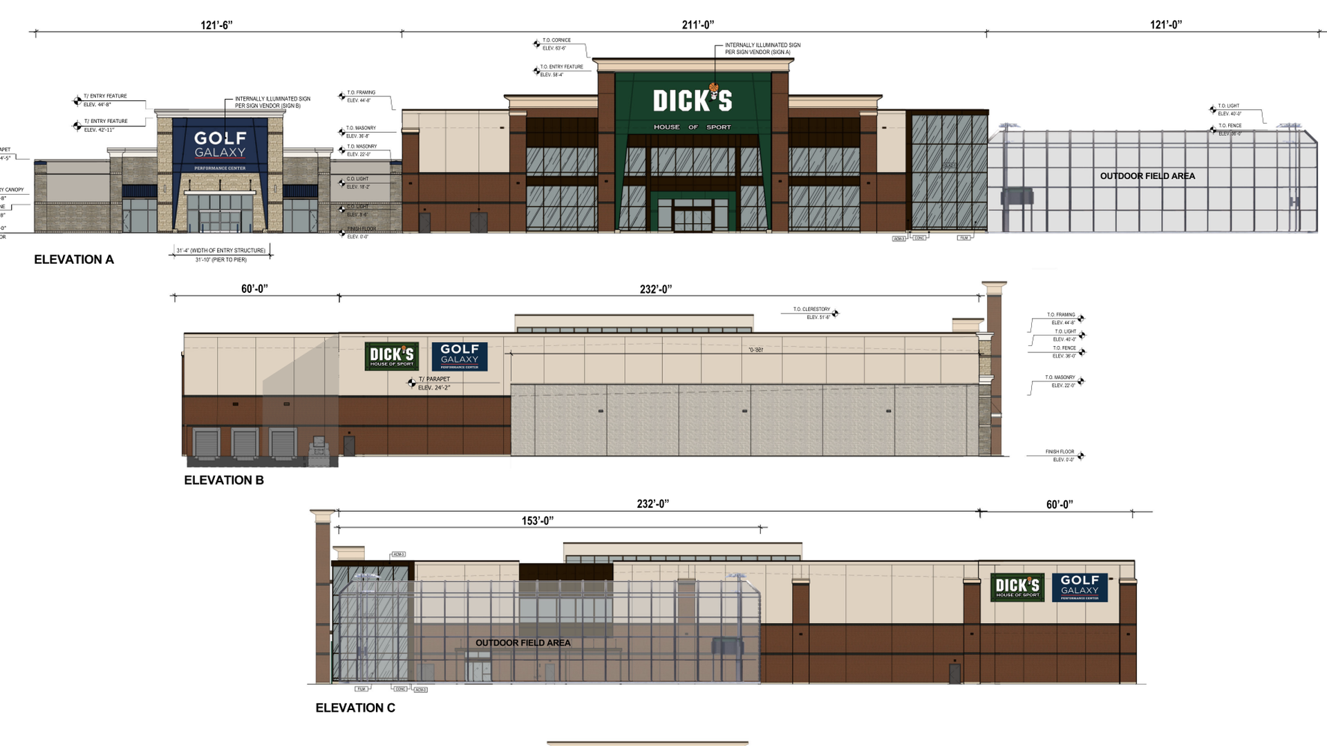 Architectural elevations of a Dick's House of Sport retail complex. Central green entry with large Dick's logo, flanked by glass storefronts and a Golf Galaxy store; elevations A, B, and C with measurements and site details.