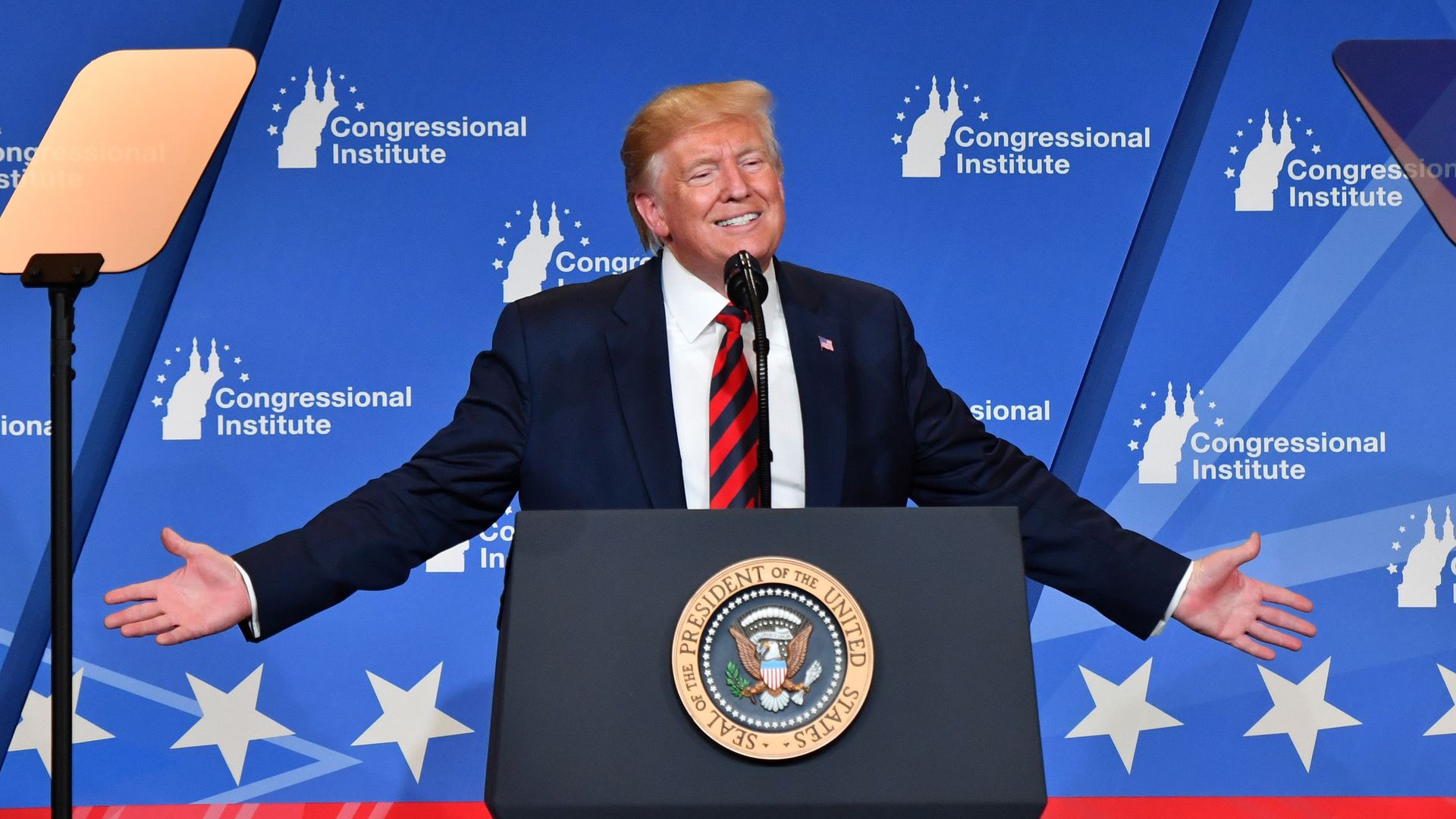  President Donald Trump delivers remarks during the 2019 House Republican Conference Member Retreat Dinner in Baltimore, Maryland on September 12