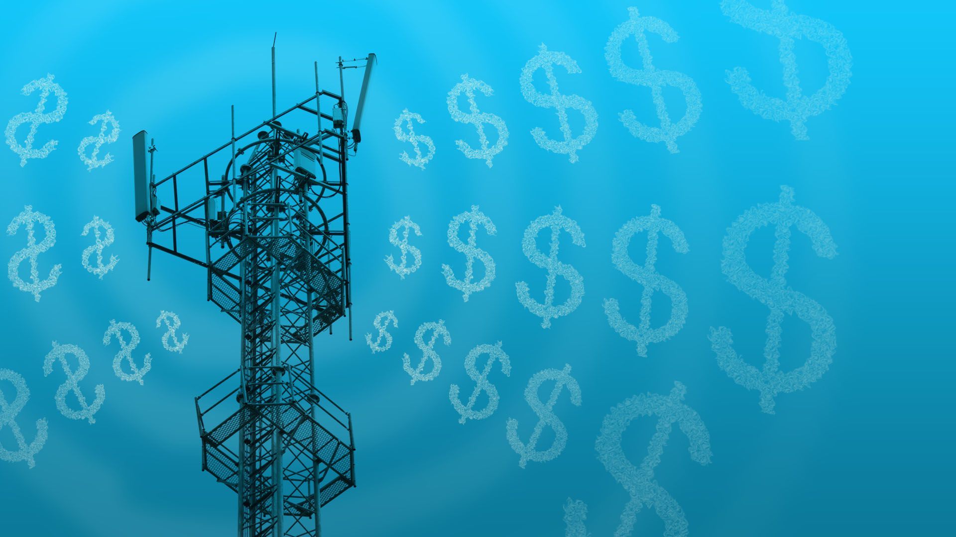Illustration of a cell phone tower sending out dollar sign signals