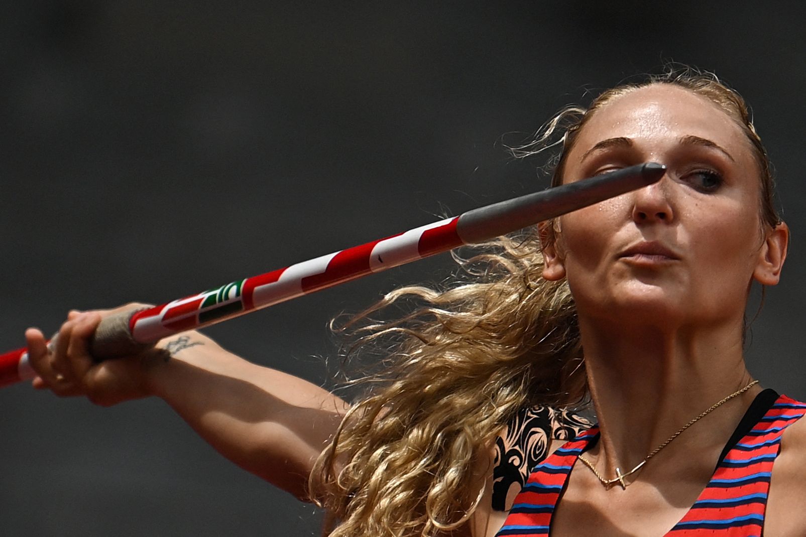USA's Maggie Malone competes in the women's javelin throw qualification during the Tokyo 2020 Olympic Games at the Olympic Stadium in Tokyo on August 3