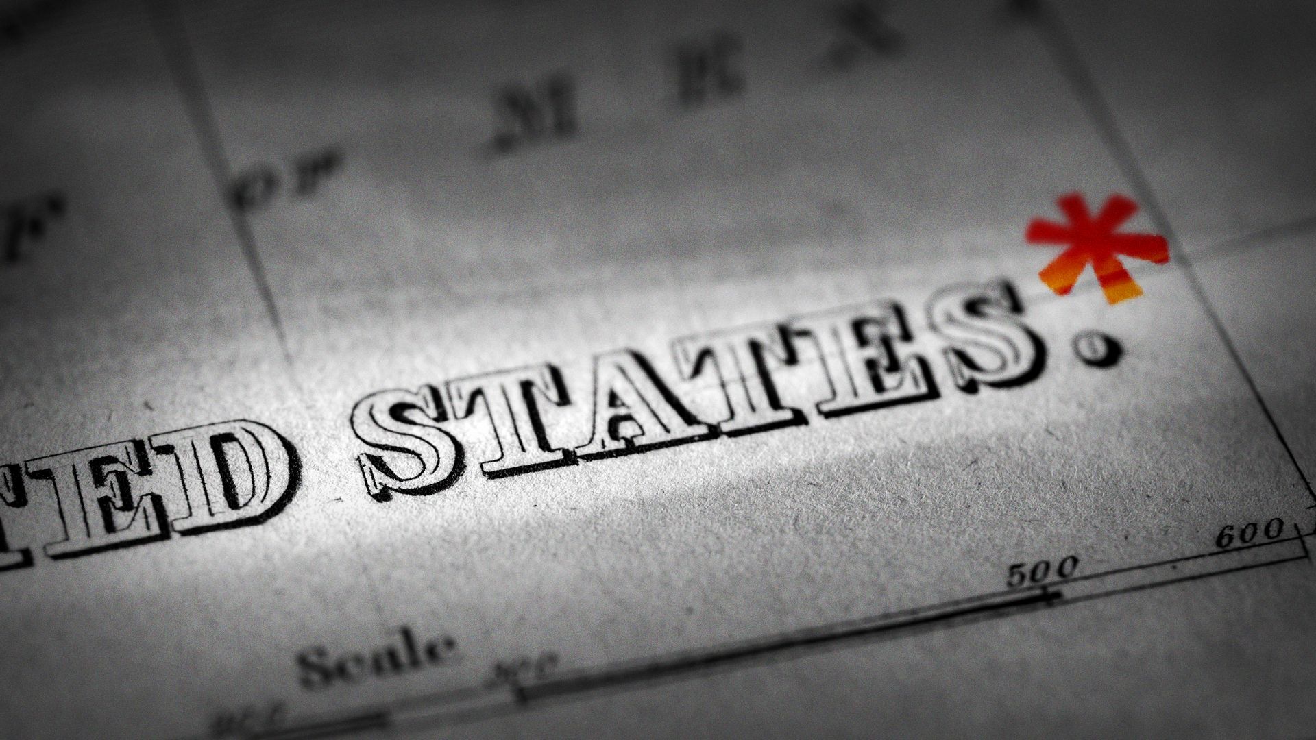 Illustration of a map of the United States with an asterisk after "United States."