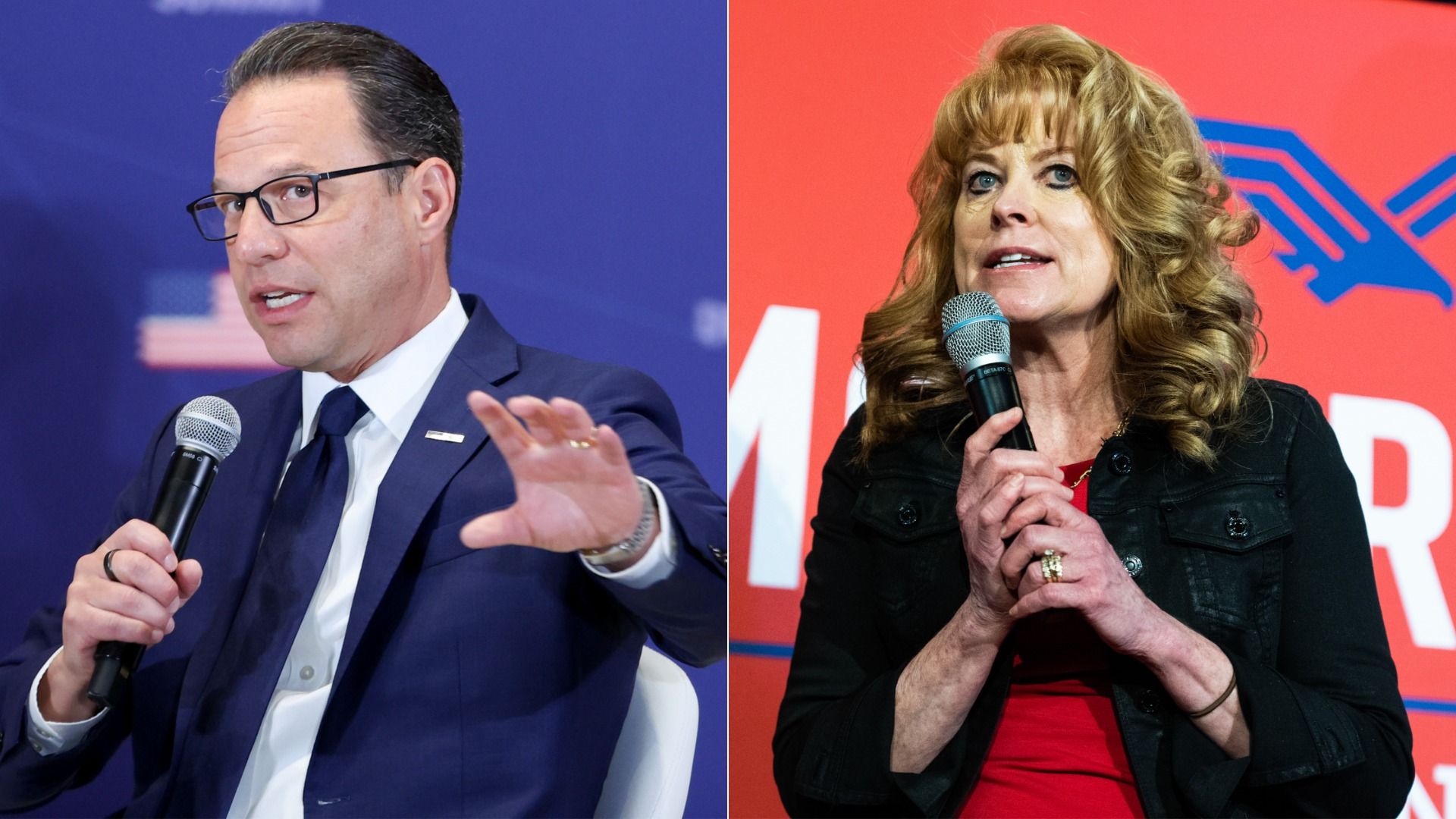 J osh Shapiro, governor of Pennsylvania, during the Pennsylvania Defense and Innovation Summit in Carlisle, Pennsylvania. State Treasurer Stacy Garrity speaks during a rally for Dave McCormick, Republican U.S. Senate candidate from Pennsylvania