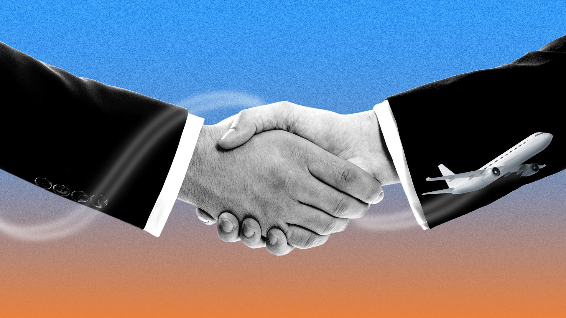 Illustration of a handshake on a gradient background with a small airplane flying all around. 