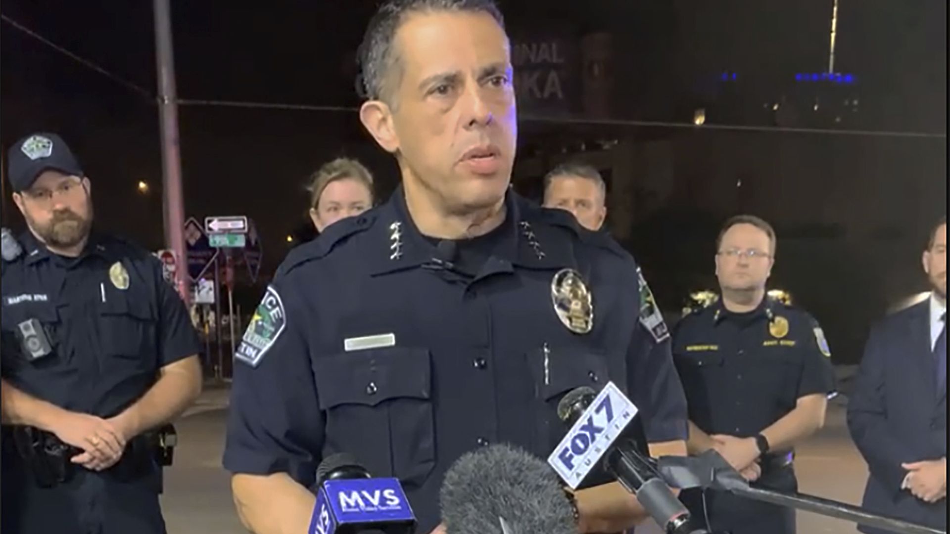 Austin's police chief briefs the press following a shooting in downtown Austin.