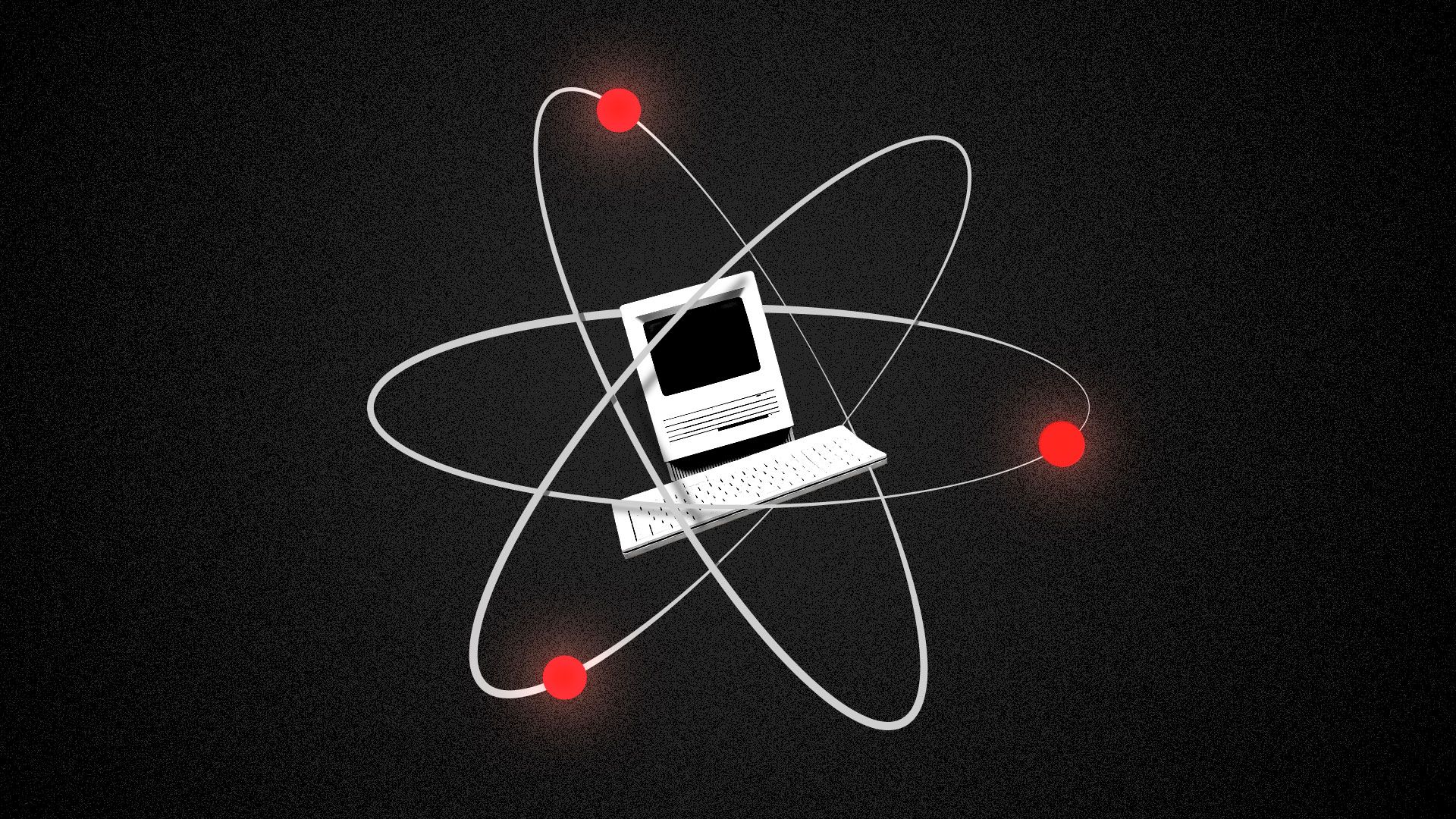  Illustration of a computer floating in the center of an atom. 
