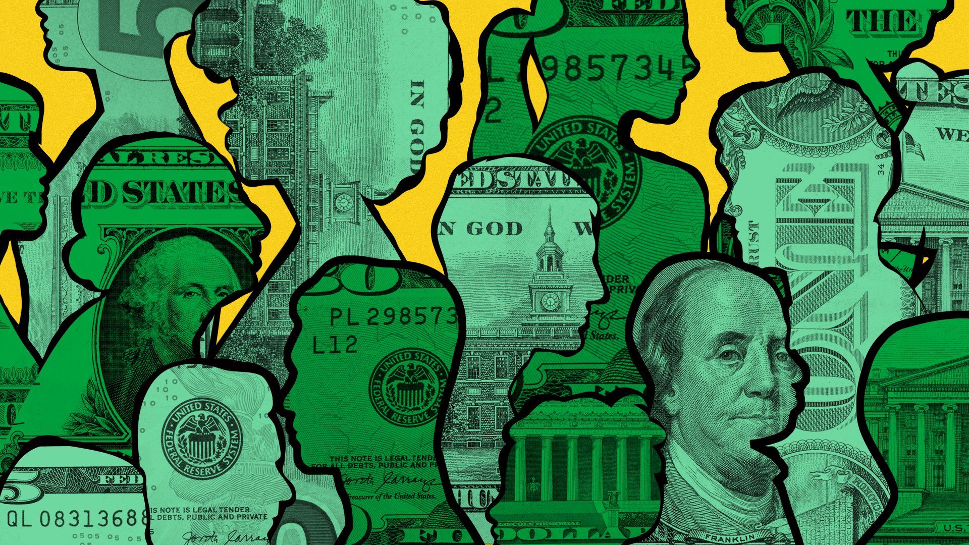 Illustration of multiple silhouettes of people containing money.