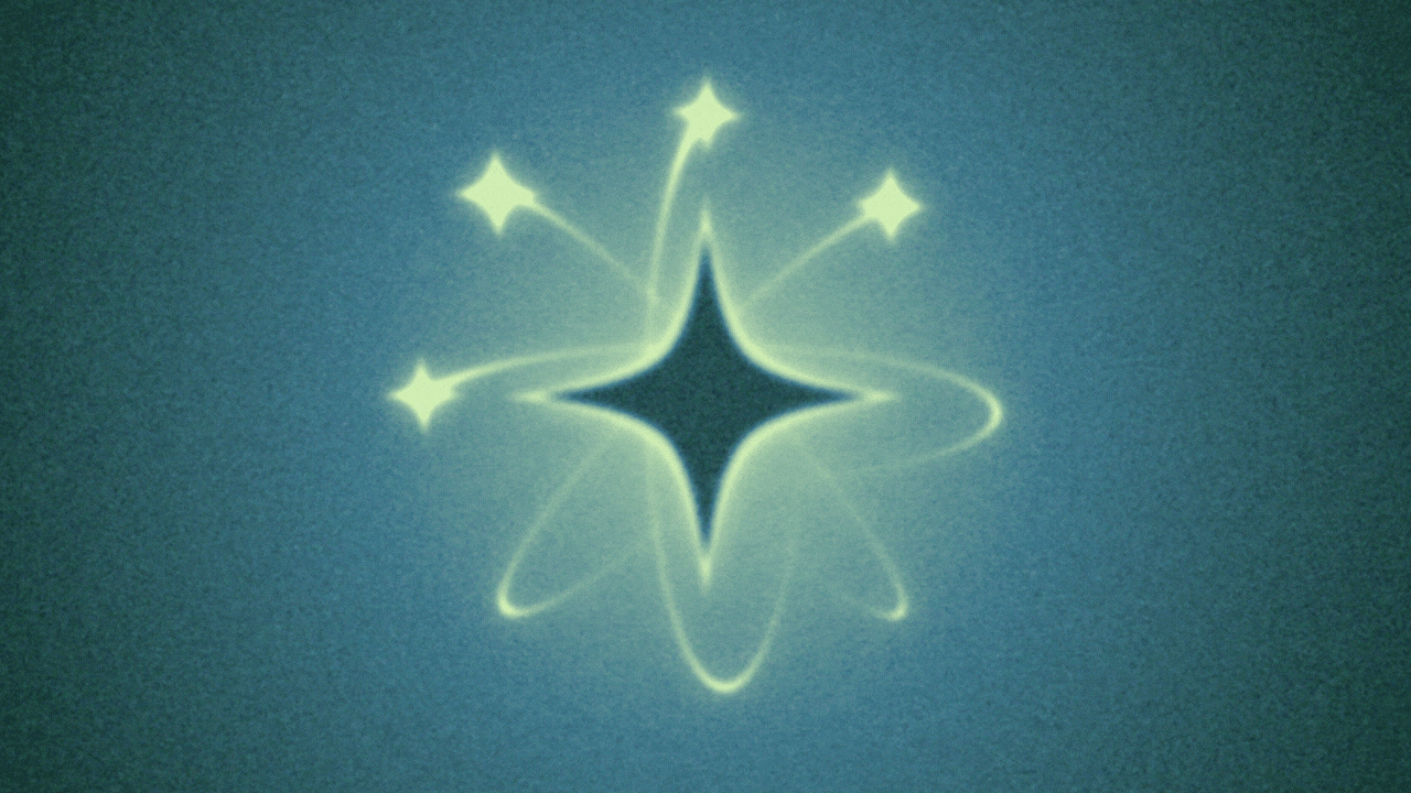 Animated illustration of an atom made of AI sparkle particles rotating around a larger AI sparkle.