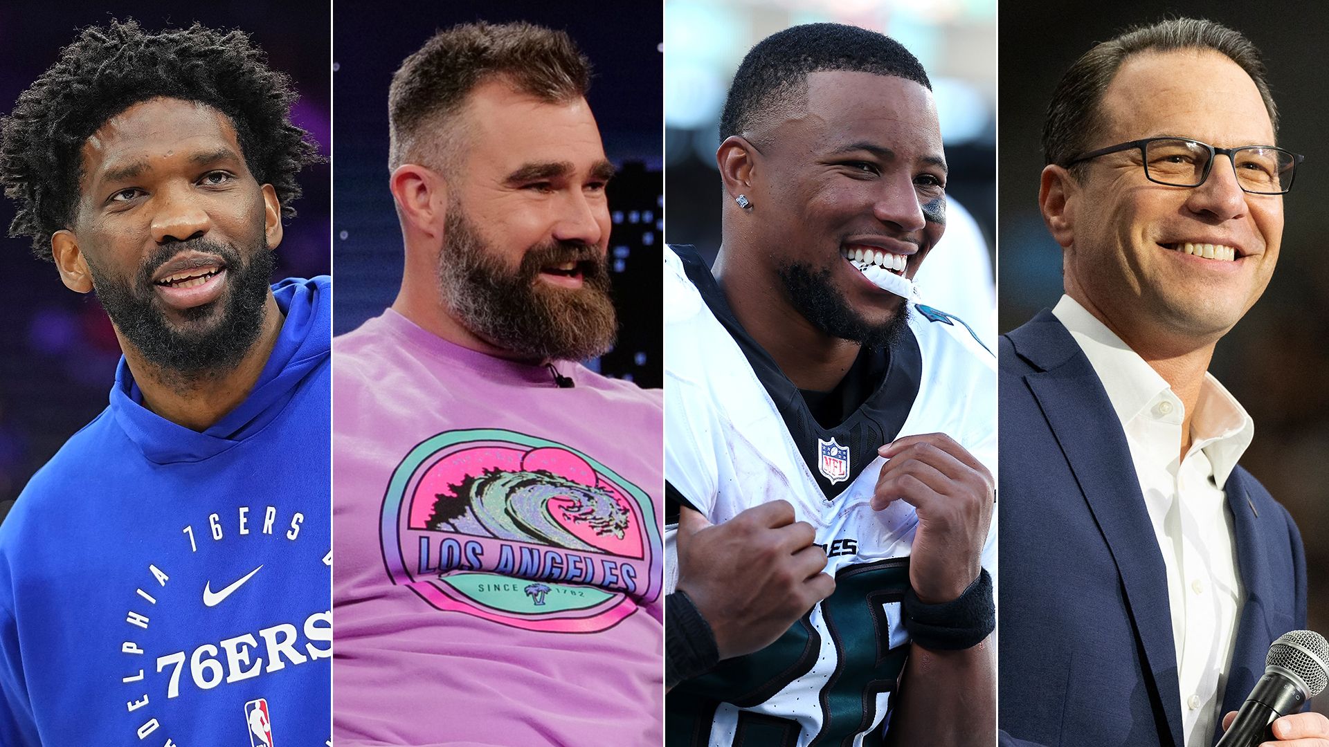 From left to right: Joel Embiid, Jason Kelce, Saquon Barkley, Gov. Josh Shapiro
