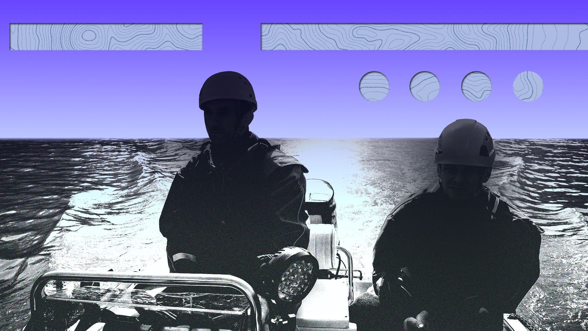 Illustration of firefighters in a rubber rescue boat in water