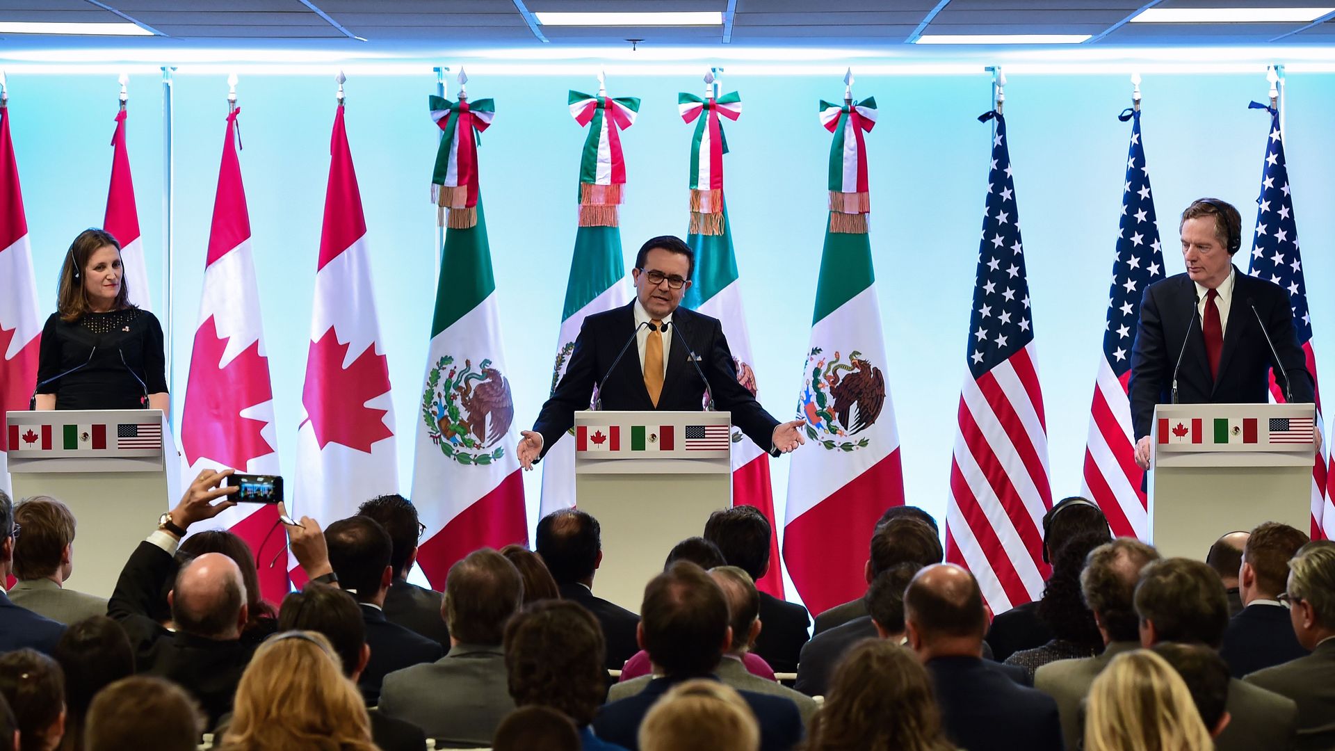 NAFTA negotiators standing behind podiums before three flags in front of audience.