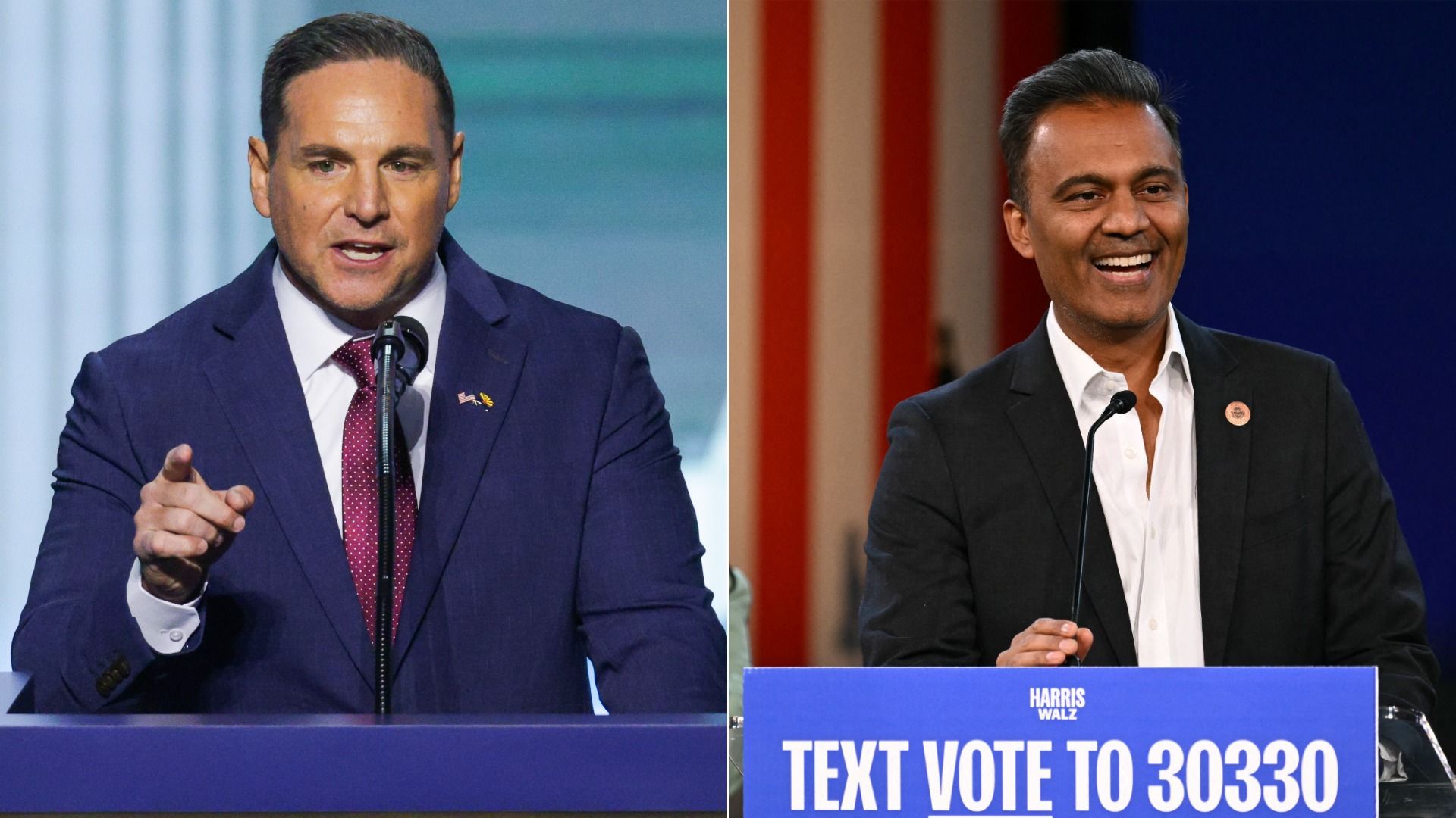 A split screen with two people speaking on the podium. the one on the left is pointing mid-sentence and the other is smiling while holding the bottom of the mic stand.